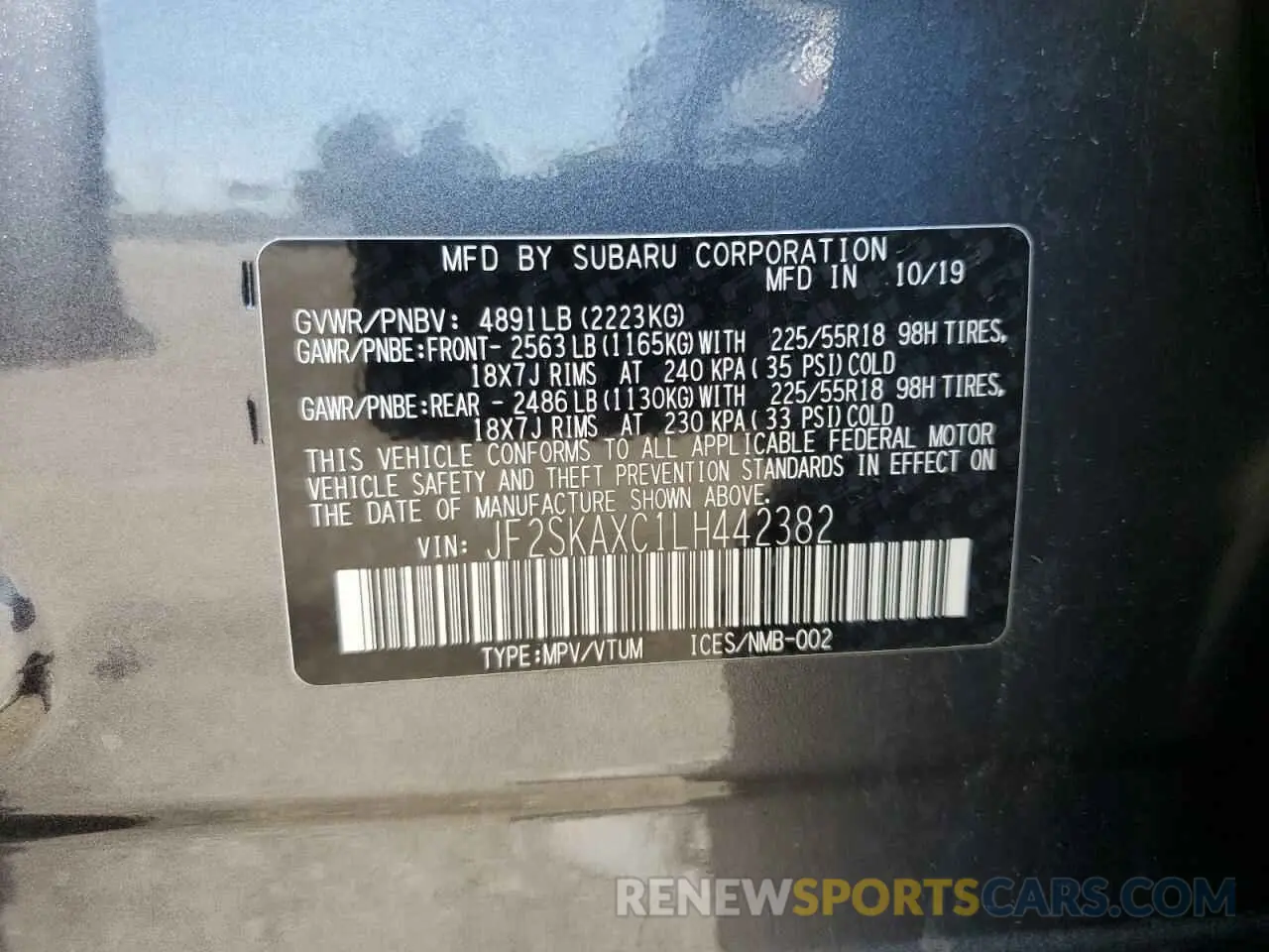 13 fotografías del automóvil dañado JF2SKAXC1LH442382 SUBARU FORESTER 2020