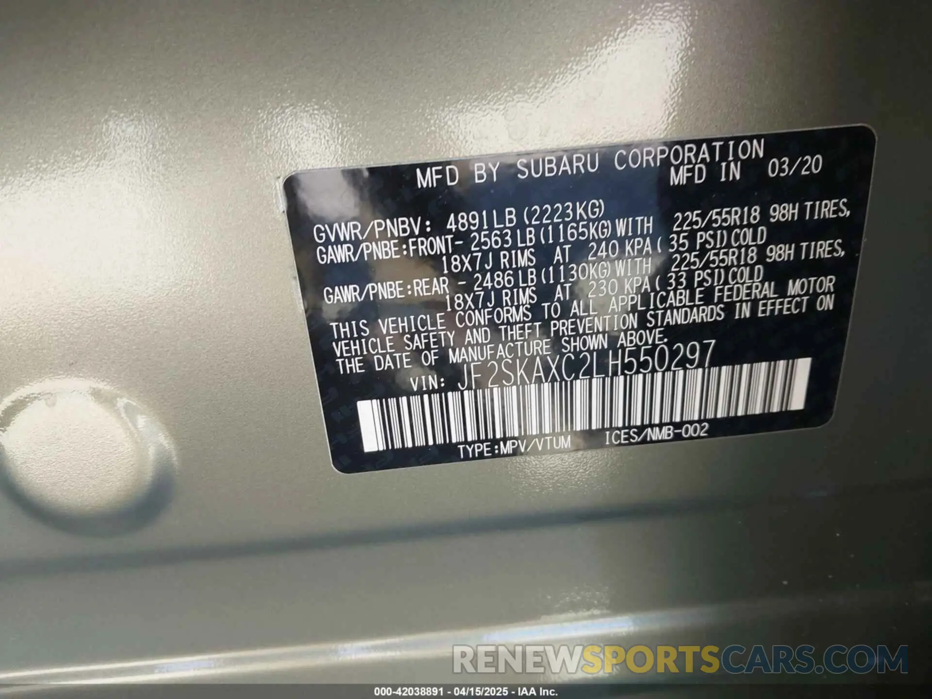 9 fotografías del automóvil dañado JF2SKAXC2LH550297 SUBARU FORESTER 2020