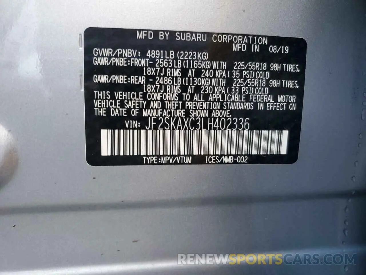 13 fotografías del automóvil dañado JF2SKAXC3LH402336 SUBARU FORESTER 2020