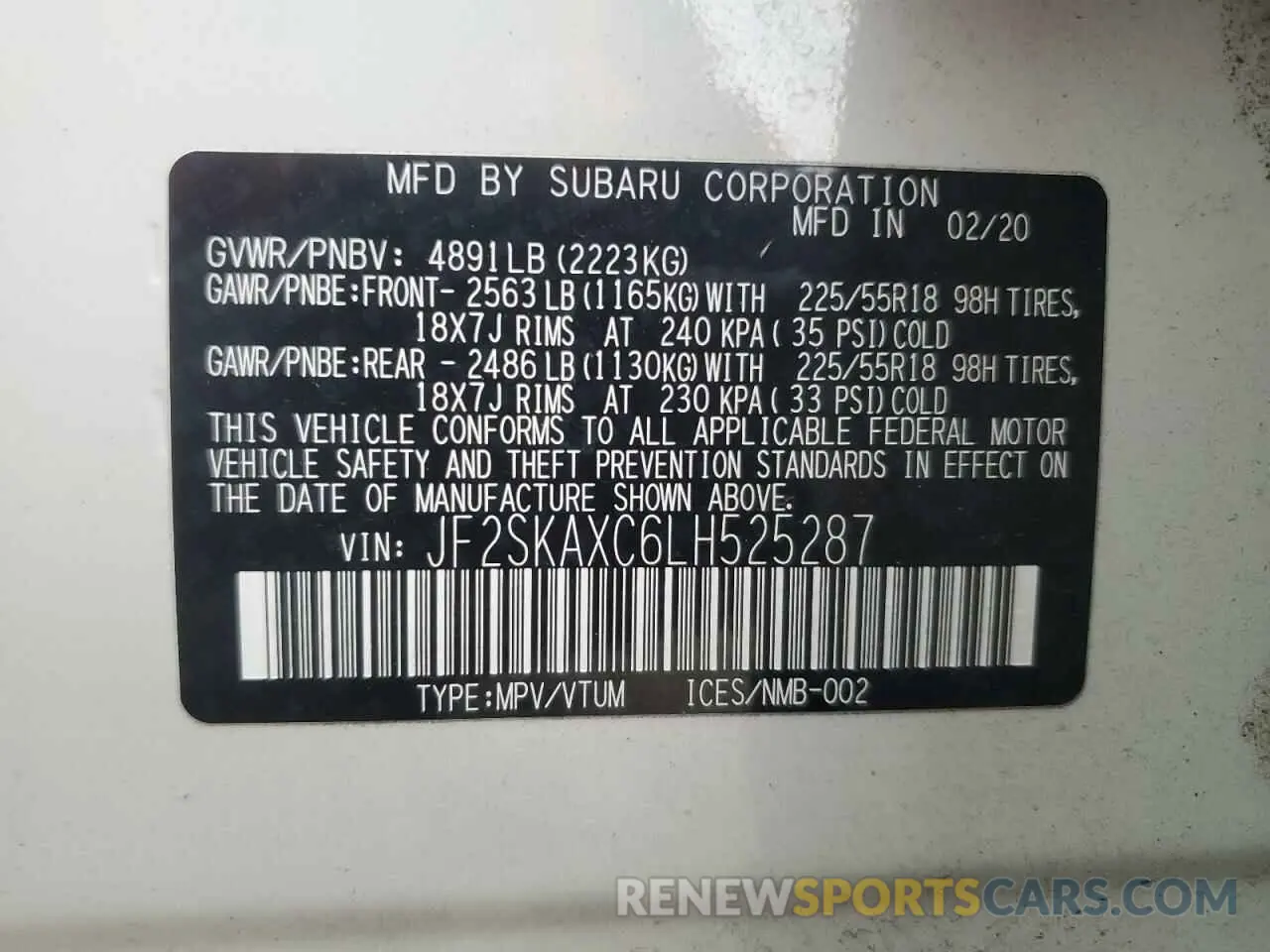 14 fotografías del automóvil dañado JF2SKAXC6LH525287 SUBARU FORESTER 2020