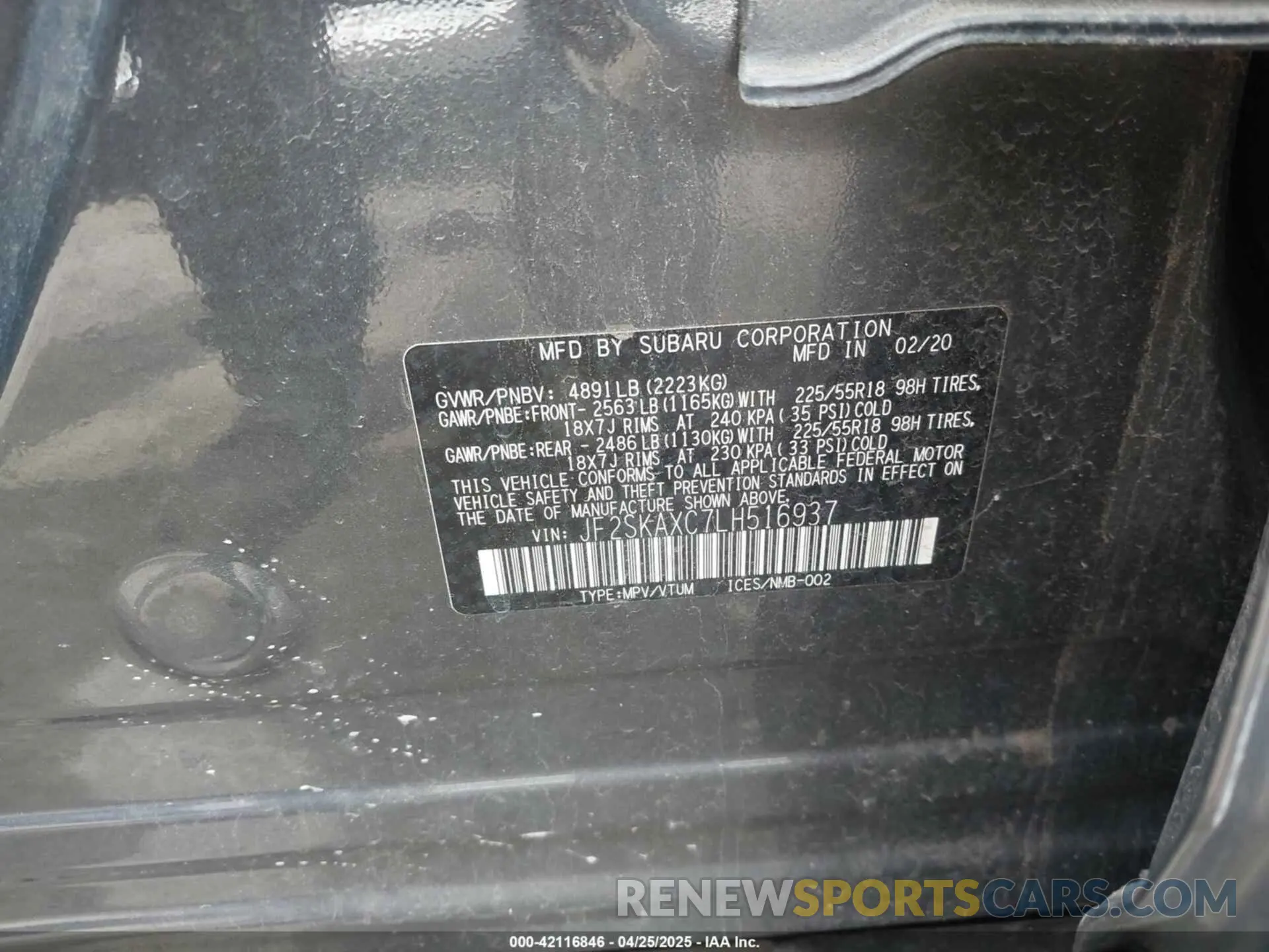 9 fotografías del automóvil dañado JF2SKAXC7LH516937 SUBARU FORESTER 2020