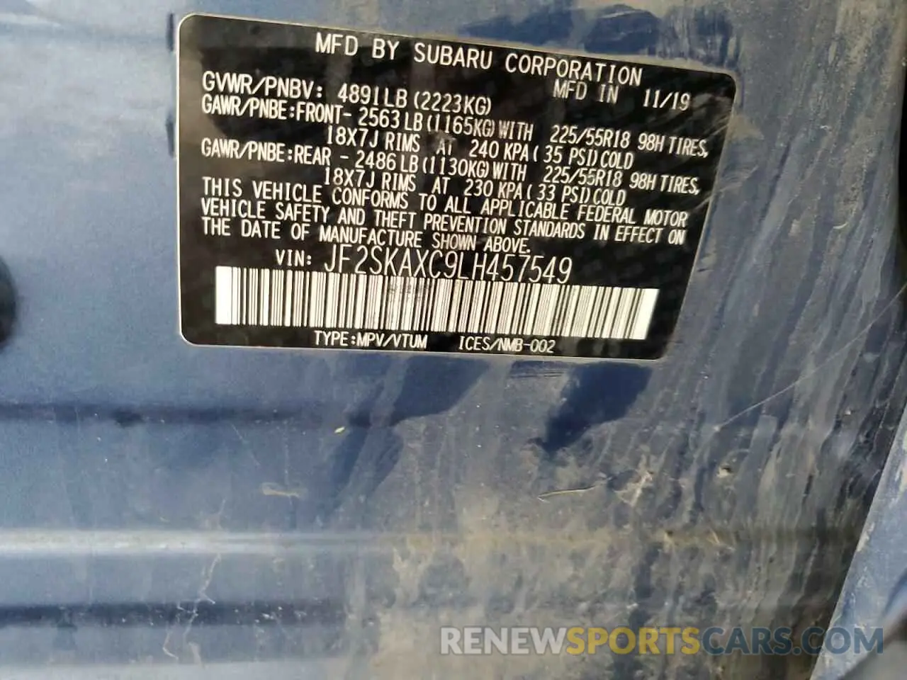 14 fotografías del automóvil dañado JF2SKAXC9LH457549 SUBARU FORESTER 2020