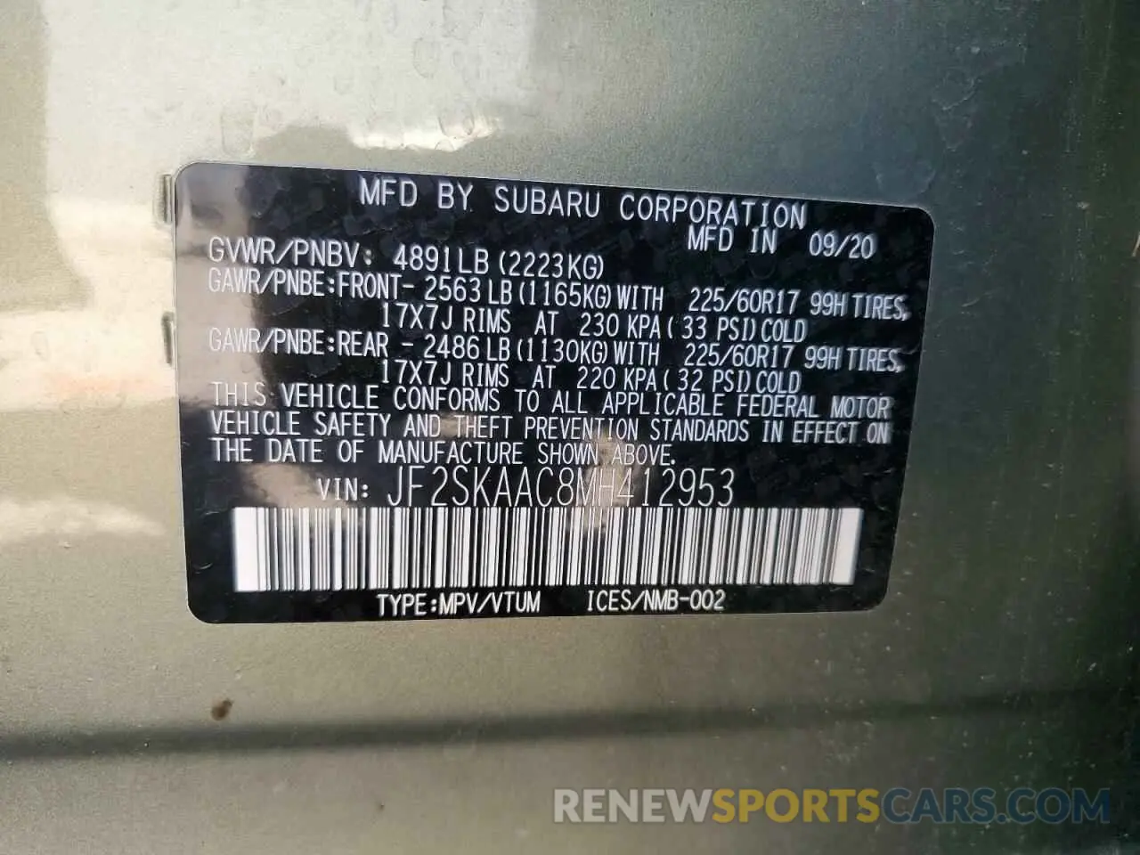 12 fotografías del automóvil dañado JF2SKAAC8MH412953 SUBARU FORESTER 2021