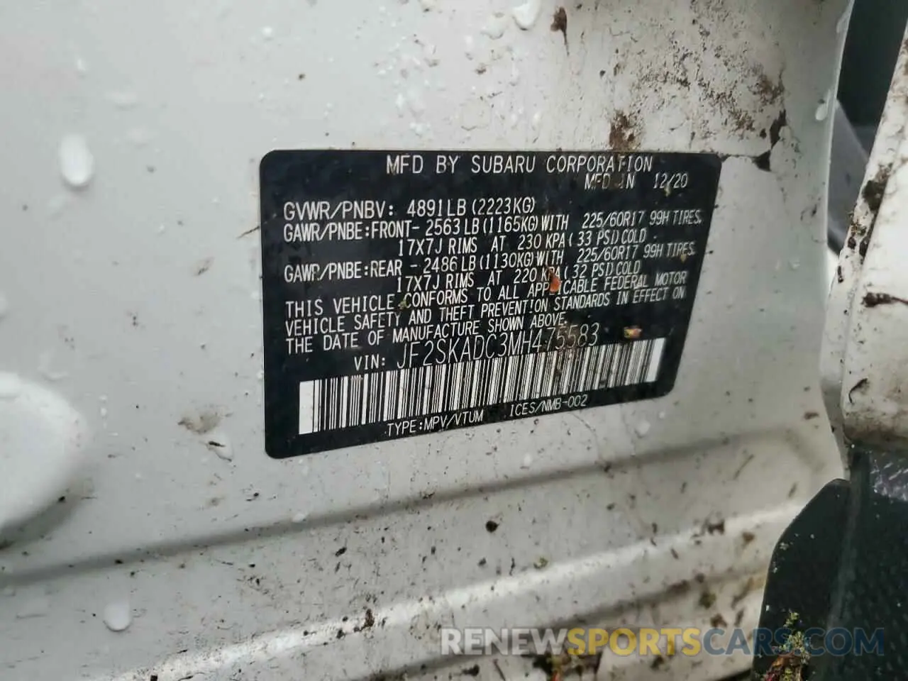 14 fotografías del automóvil dañado JF2SKADC3MH475583 SUBARU FORESTER 2021