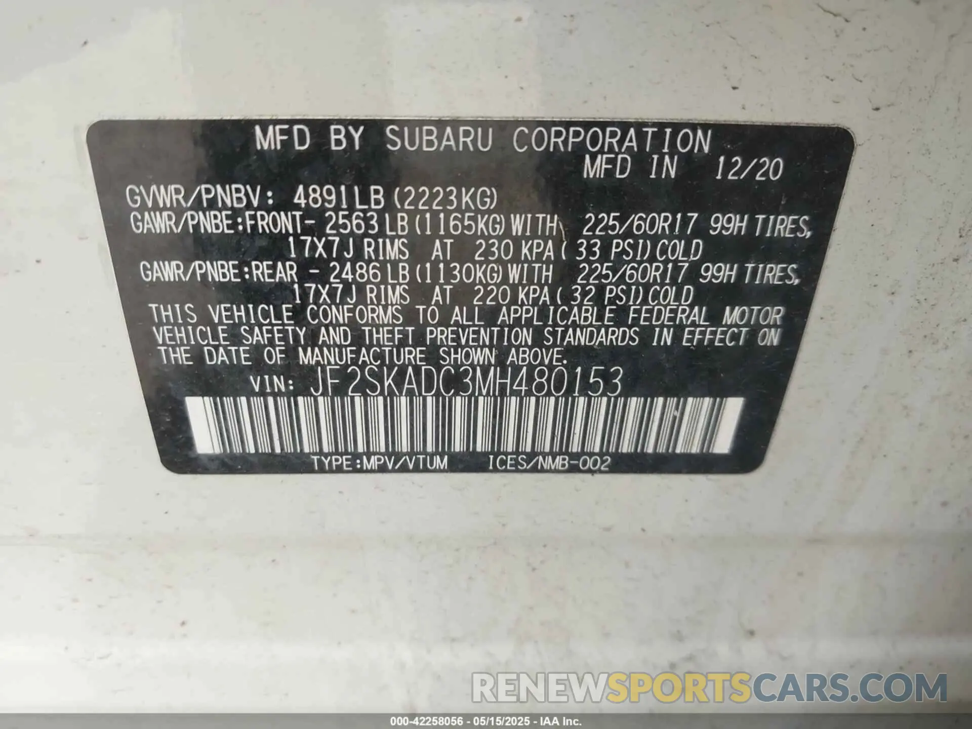 9 fotografías del automóvil dañado JF2SKADC3MH480153 SUBARU FORESTER 2021