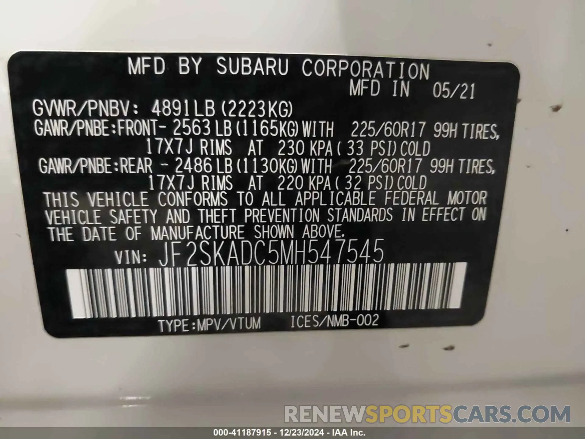 9 fotografías del automóvil dañado JF2SKADC5MH547545 SUBARU FORESTER 2021
