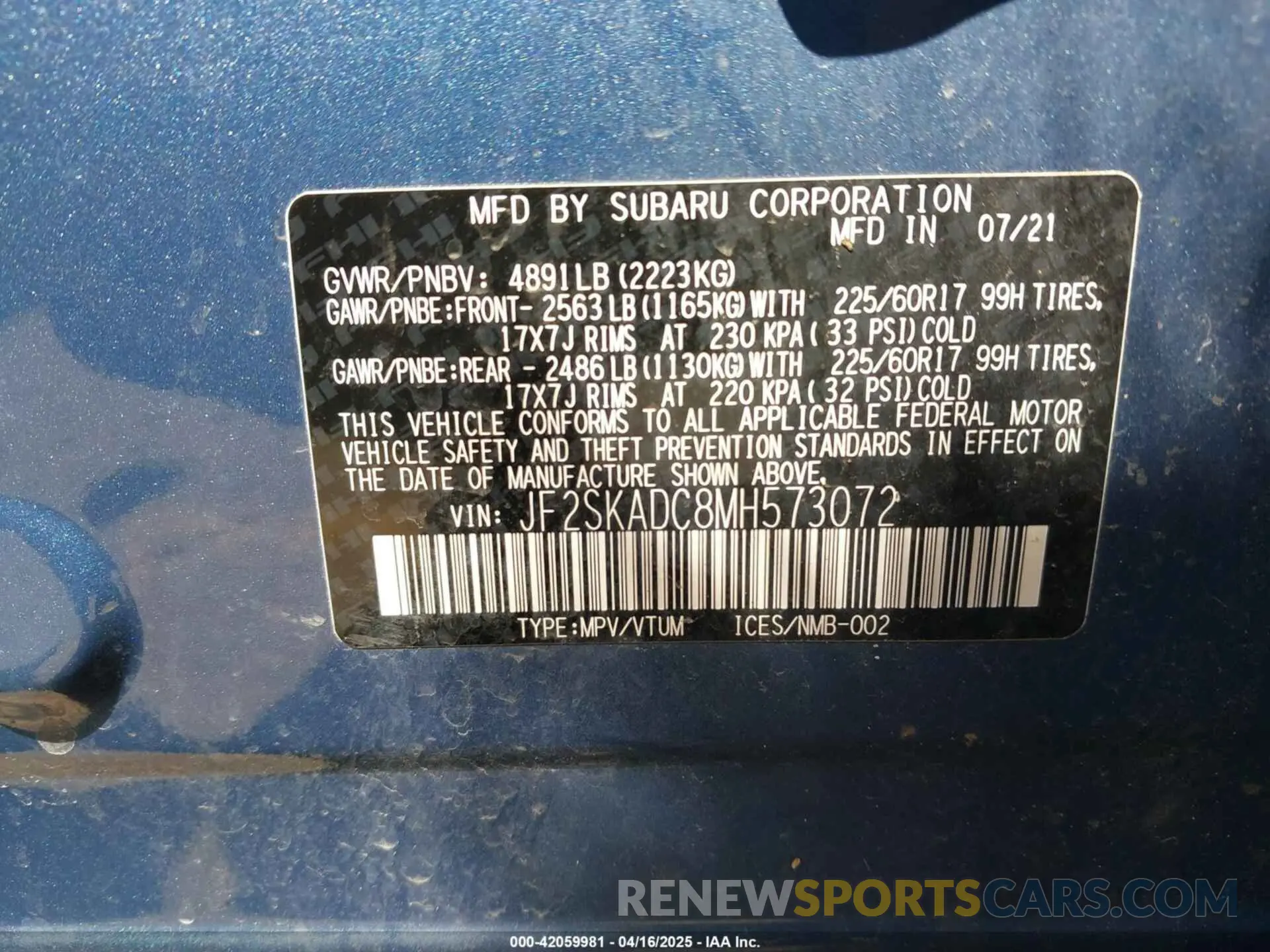 9 fotografías del automóvil dañado JF2SKADC8MH573072 SUBARU FORESTER 2021