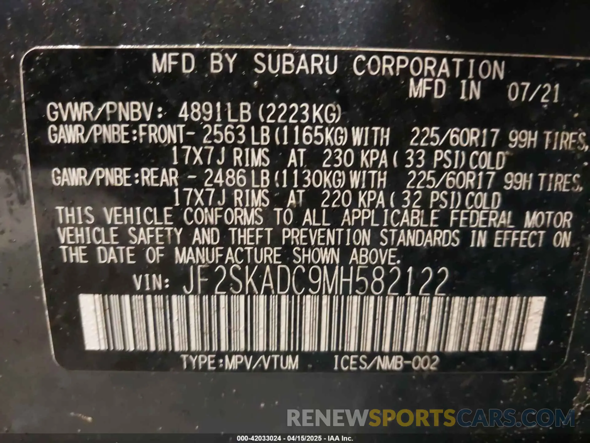 9 fotografías del automóvil dañado JF2SKADC9MH582122 SUBARU FORESTER 2021