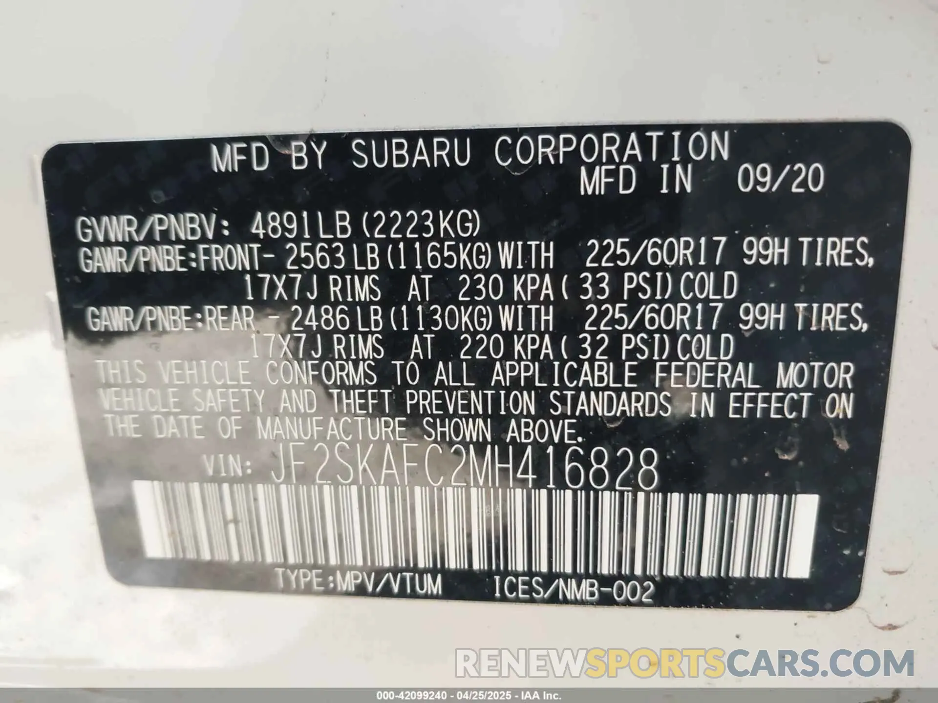 9 fotografías del automóvil dañado JF2SKAFC2MH416828 SUBARU FORESTER 2021