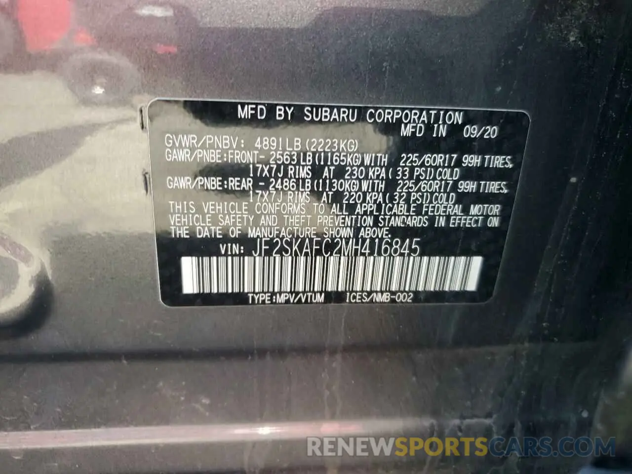 14 fotografías del automóvil dañado JF2SKAFC2MH416845 SUBARU FORESTER 2021