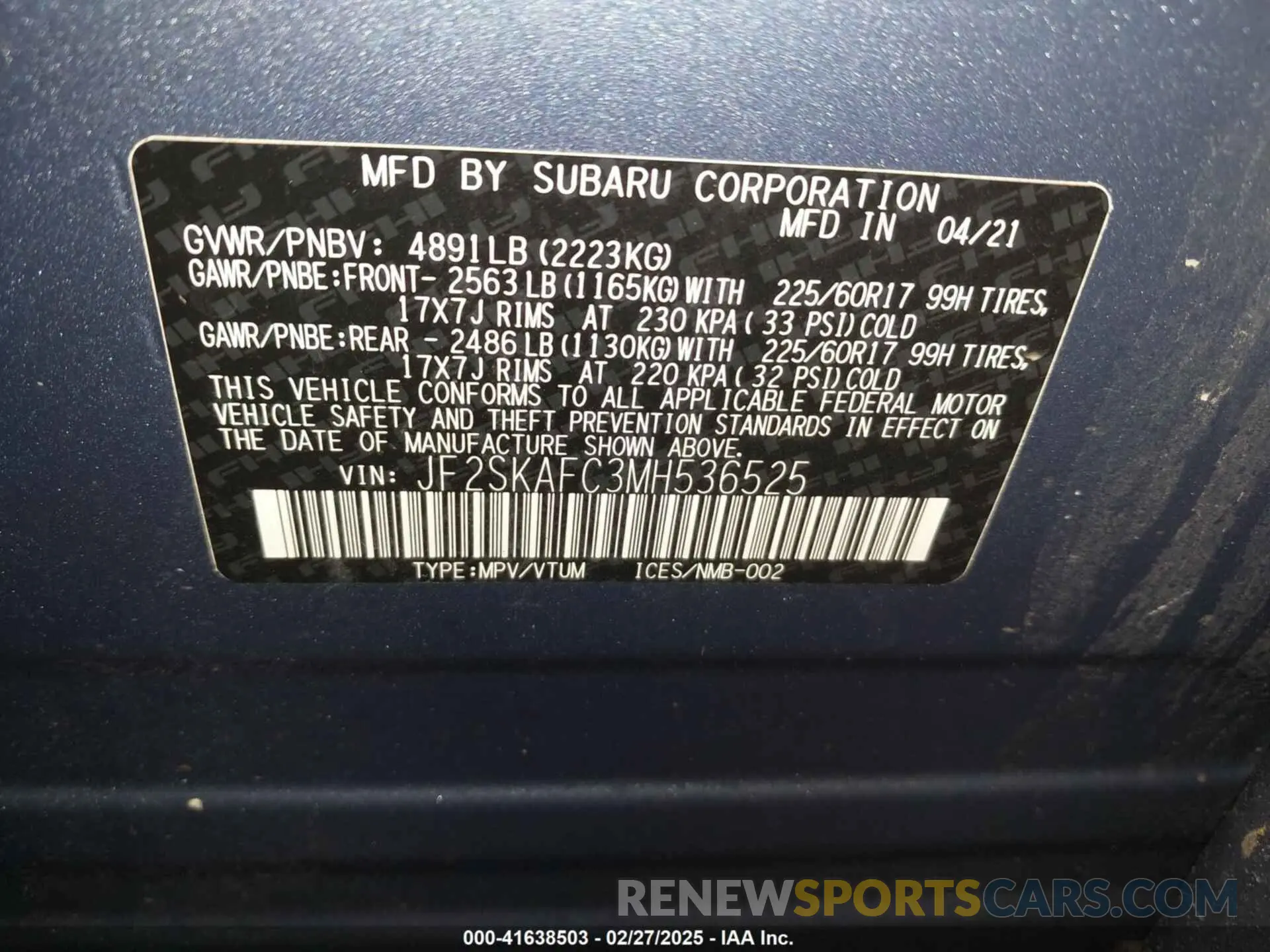 9 fotografías del automóvil dañado JF2SKAFC3MH536525 SUBARU FORESTER 2021