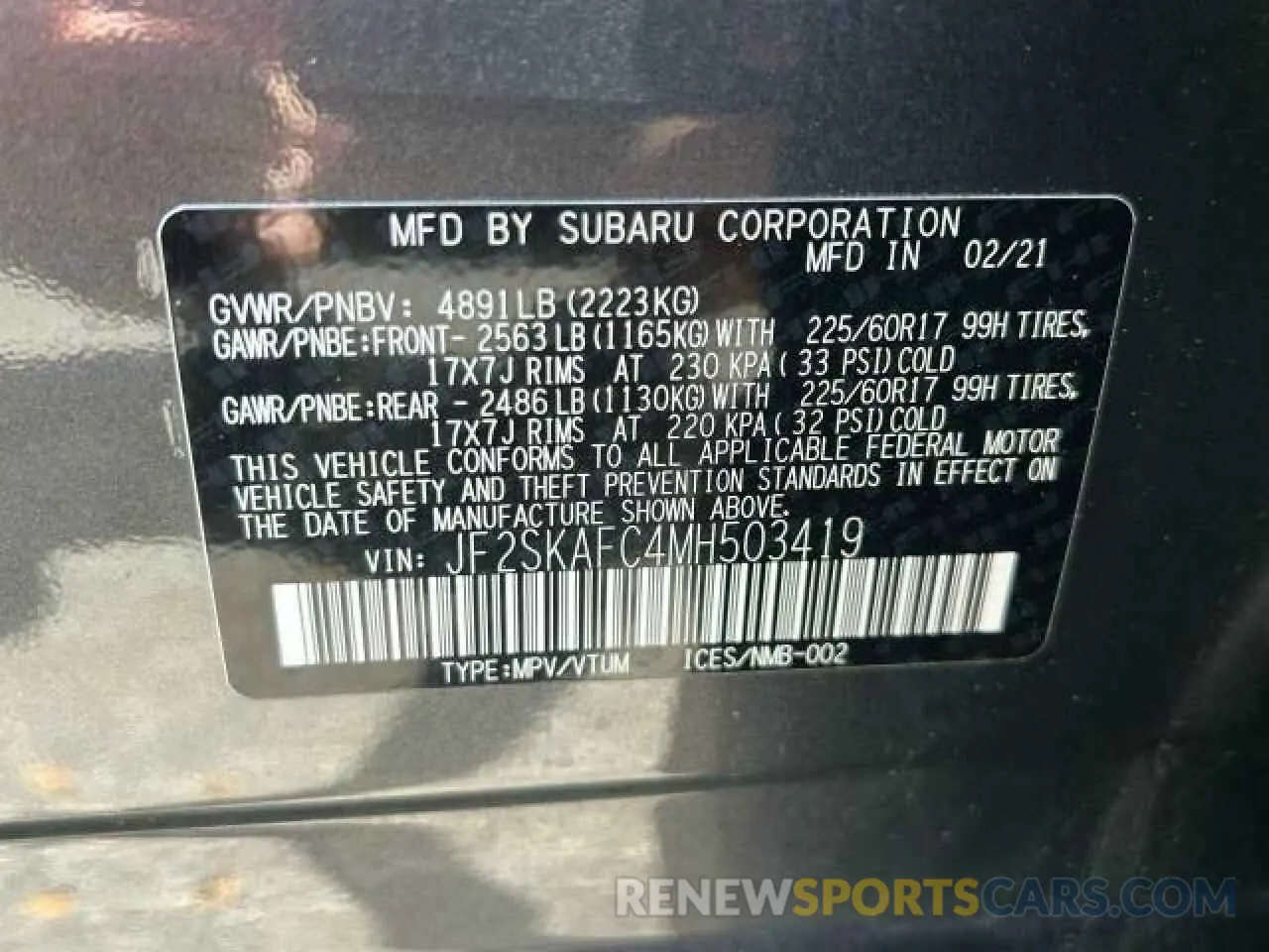 10 fotografías del automóvil dañado JF2SKAFC4MH503419 SUBARU FORESTER 2021