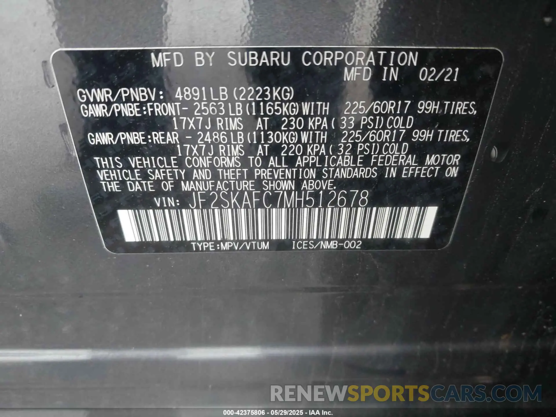 9 fotografías del automóvil dañado JF2SKAFC7MH512678 SUBARU FORESTER 2021