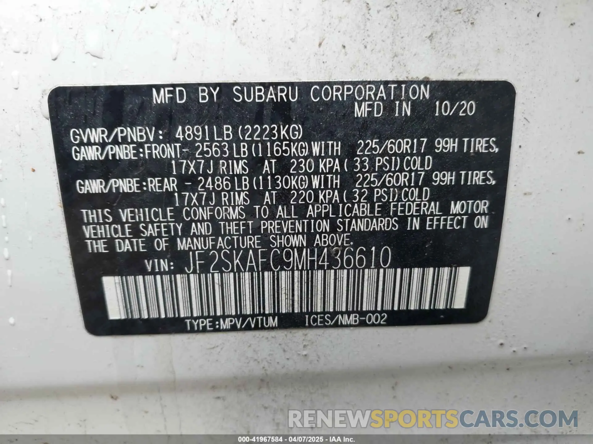 9 fotografías del automóvil dañado JF2SKAFC9MH436610 SUBARU FORESTER 2021