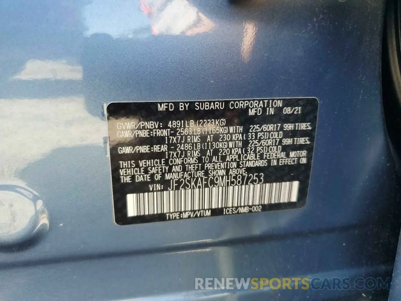 13 fotografías del automóvil dañado JF2SKAFC9MH587253 SUBARU FORESTER 2021