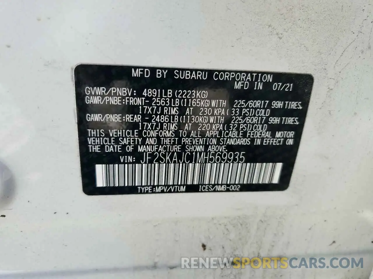 12 fotografías del automóvil dañado JF2SKAJC1MH569935 SUBARU FORESTER 2021