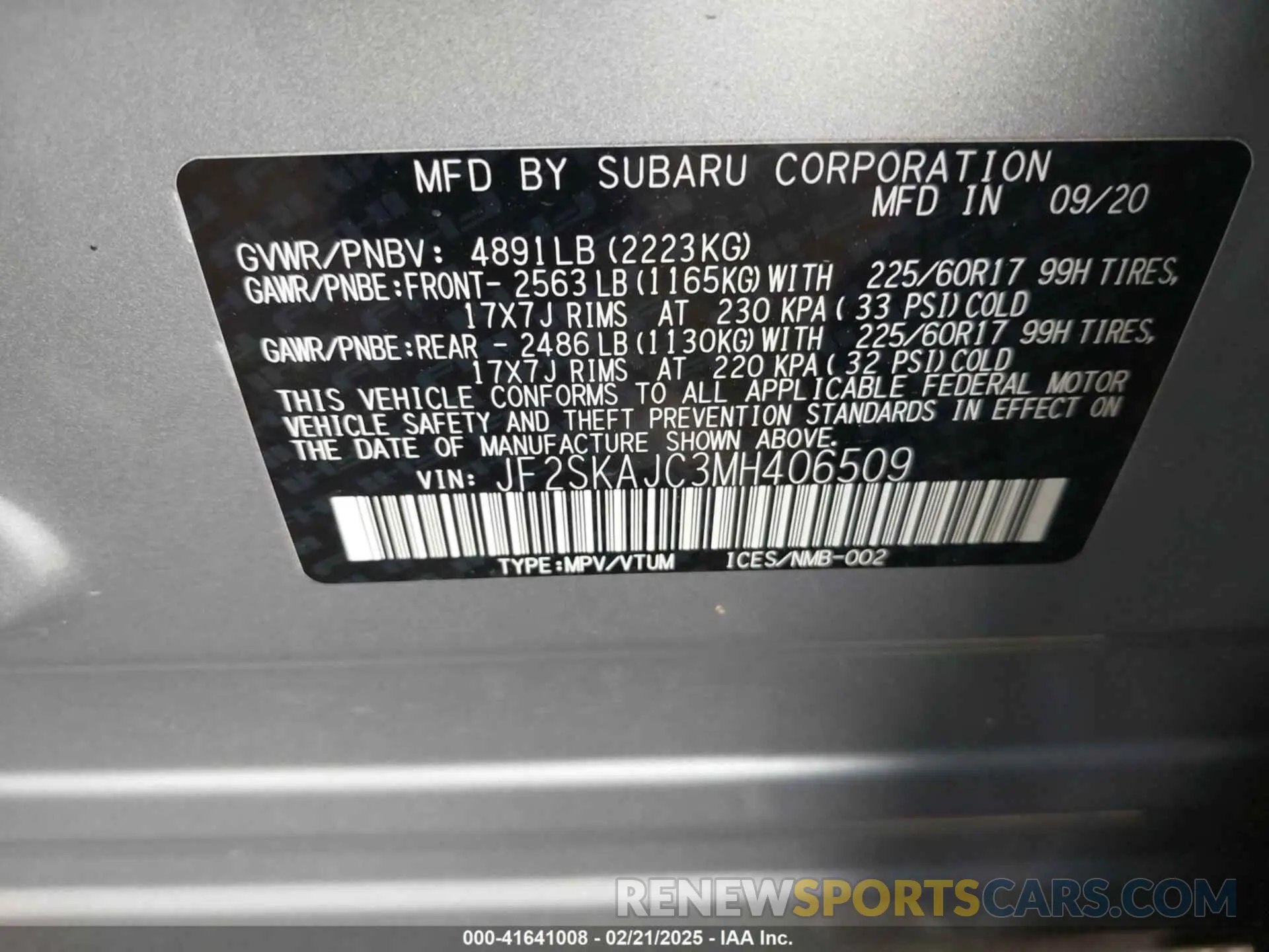 9 fotografías del automóvil dañado JF2SKAJC3MH406509 SUBARU FORESTER 2021