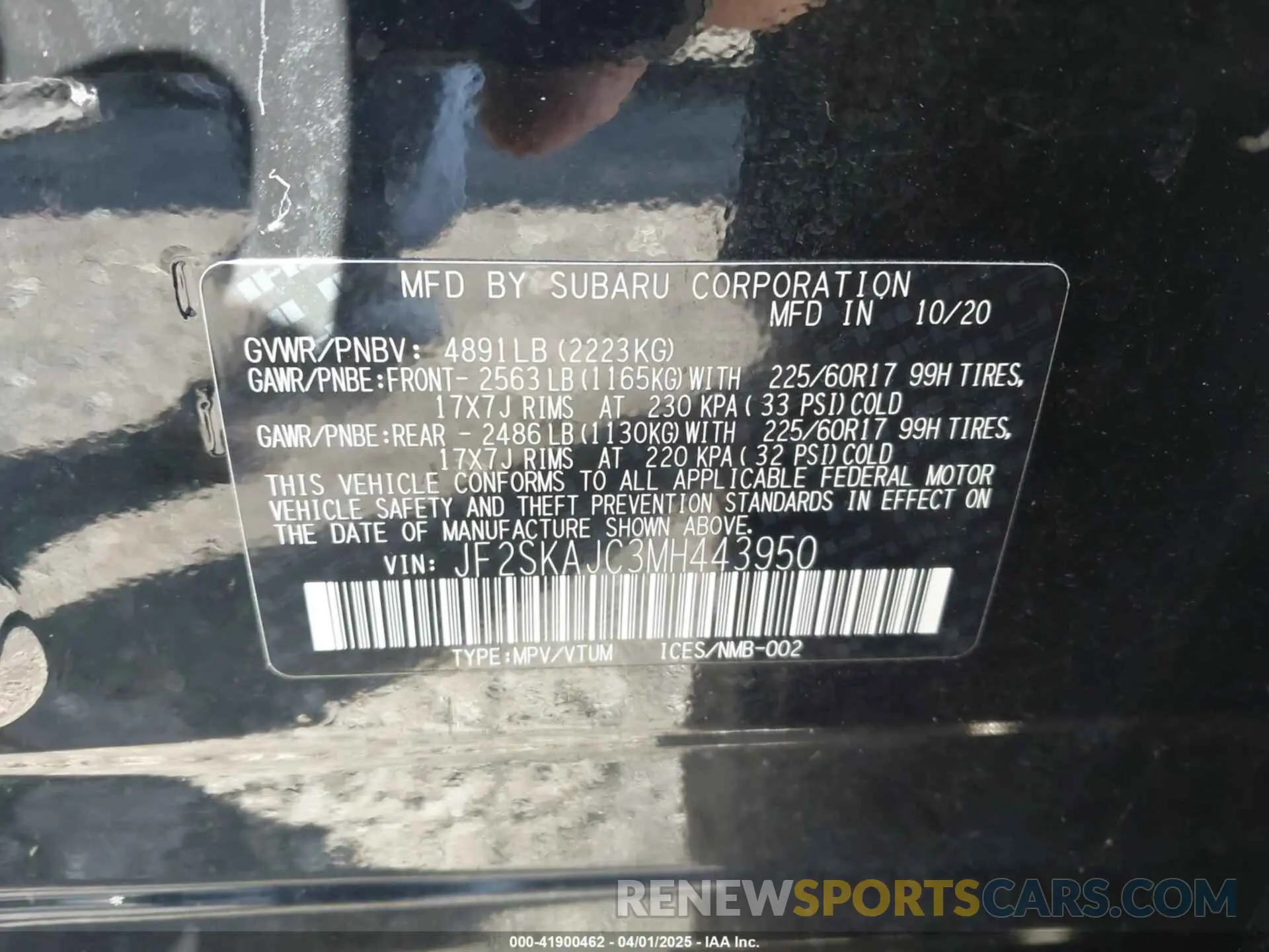 9 fotografías del automóvil dañado JF2SKAJC3MH443950 SUBARU FORESTER 2021