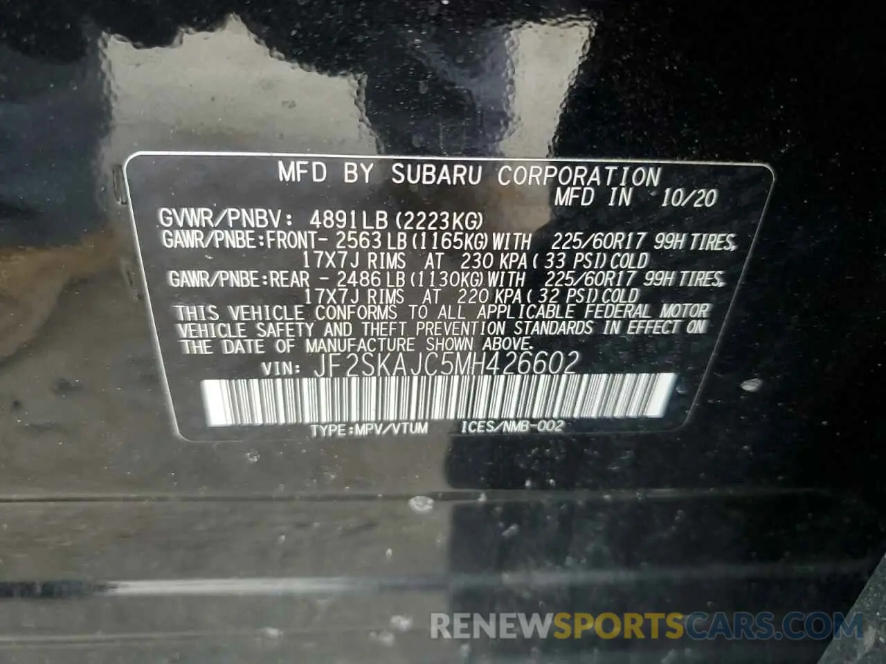 13 fotografías del automóvil dañado JF2SKAJC5MH426602 SUBARU FORESTER 2021