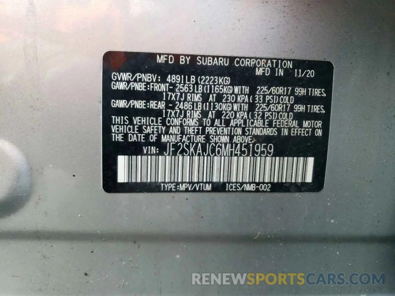 13 fotografías del automóvil dañado JF2SKAJC6MH451959 SUBARU FORESTER 2021