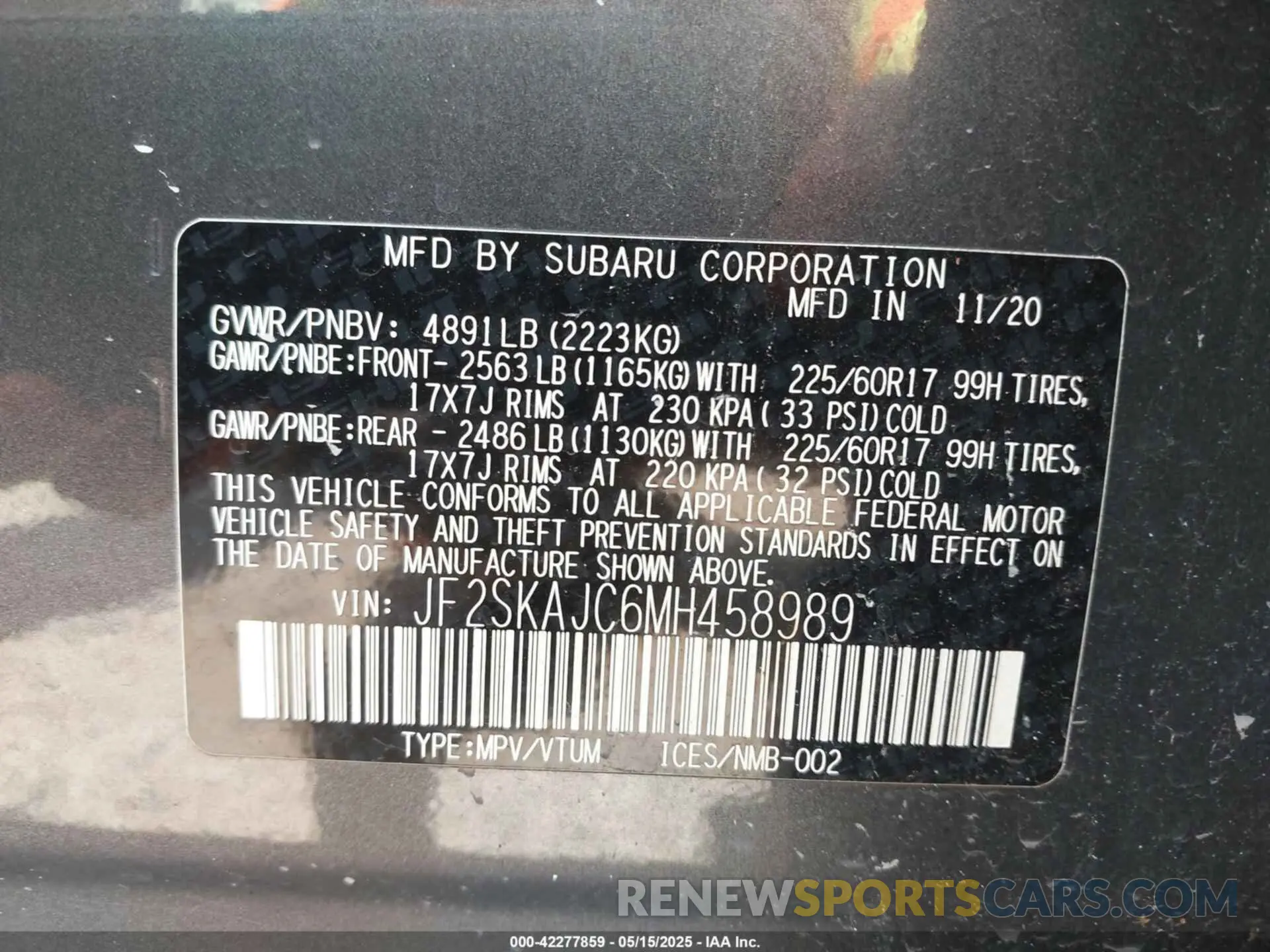 9 fotografías del automóvil dañado JF2SKAJC6MH458989 SUBARU FORESTER 2021