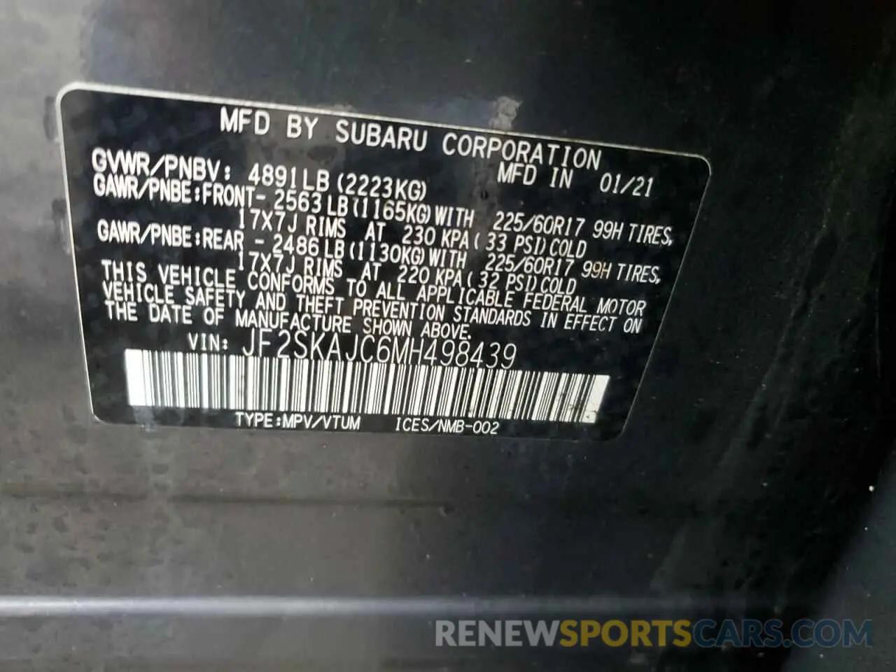 14 fotografías del automóvil dañado JF2SKAJC6MH498439 SUBARU FORESTER 2021