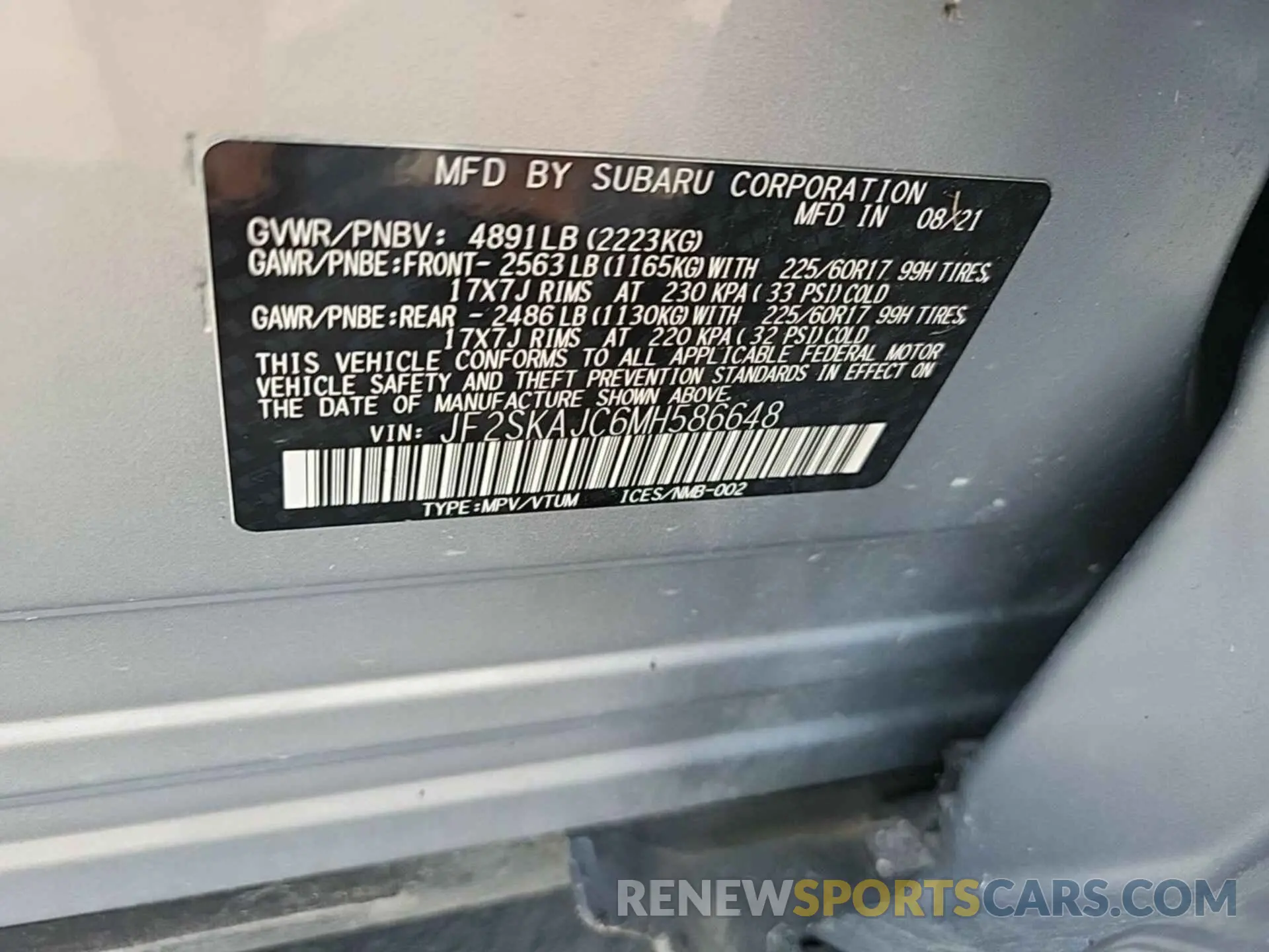 12 fotografías del automóvil dañado JF2SKAJC6MH586648 SUBARU FORESTER 2021
