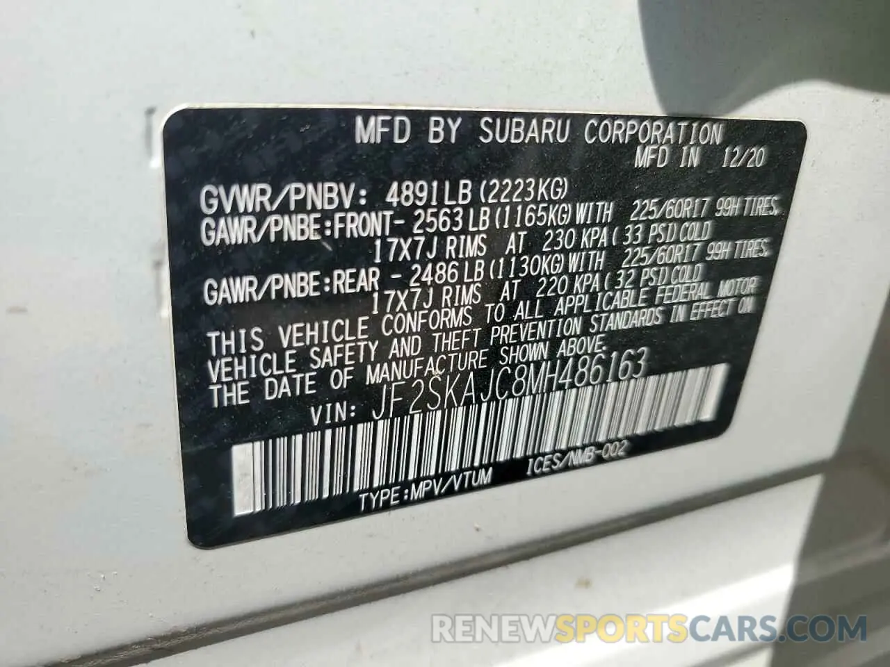 12 fotografías del automóvil dañado JF2SKAJC8MH486163 SUBARU FORESTER 2021