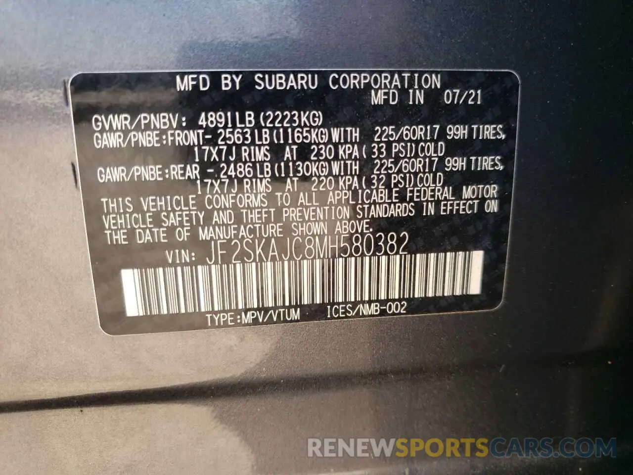 12 fotografías del automóvil dañado JF2SKAJC8MH580382 SUBARU FORESTER 2021