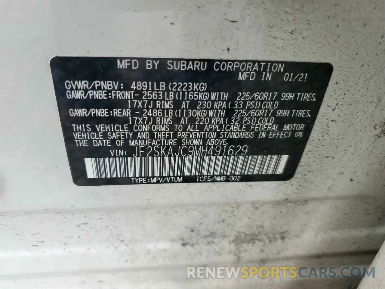 13 fotografías del automóvil dañado JF2SKAJC9MH491629 SUBARU FORESTER 2021