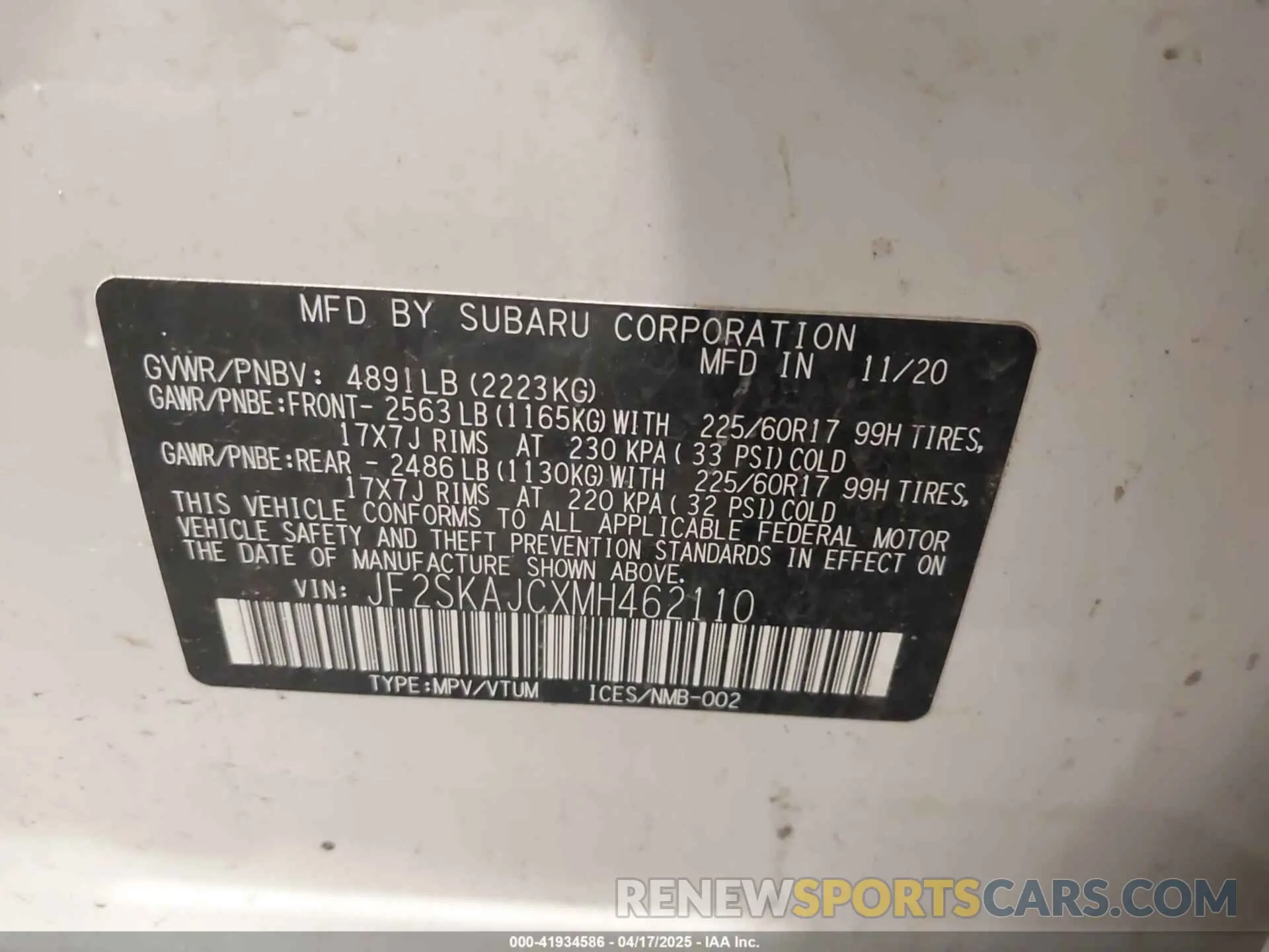 9 fotografías del automóvil dañado JF2SKAJCXMH462110 SUBARU FORESTER 2021