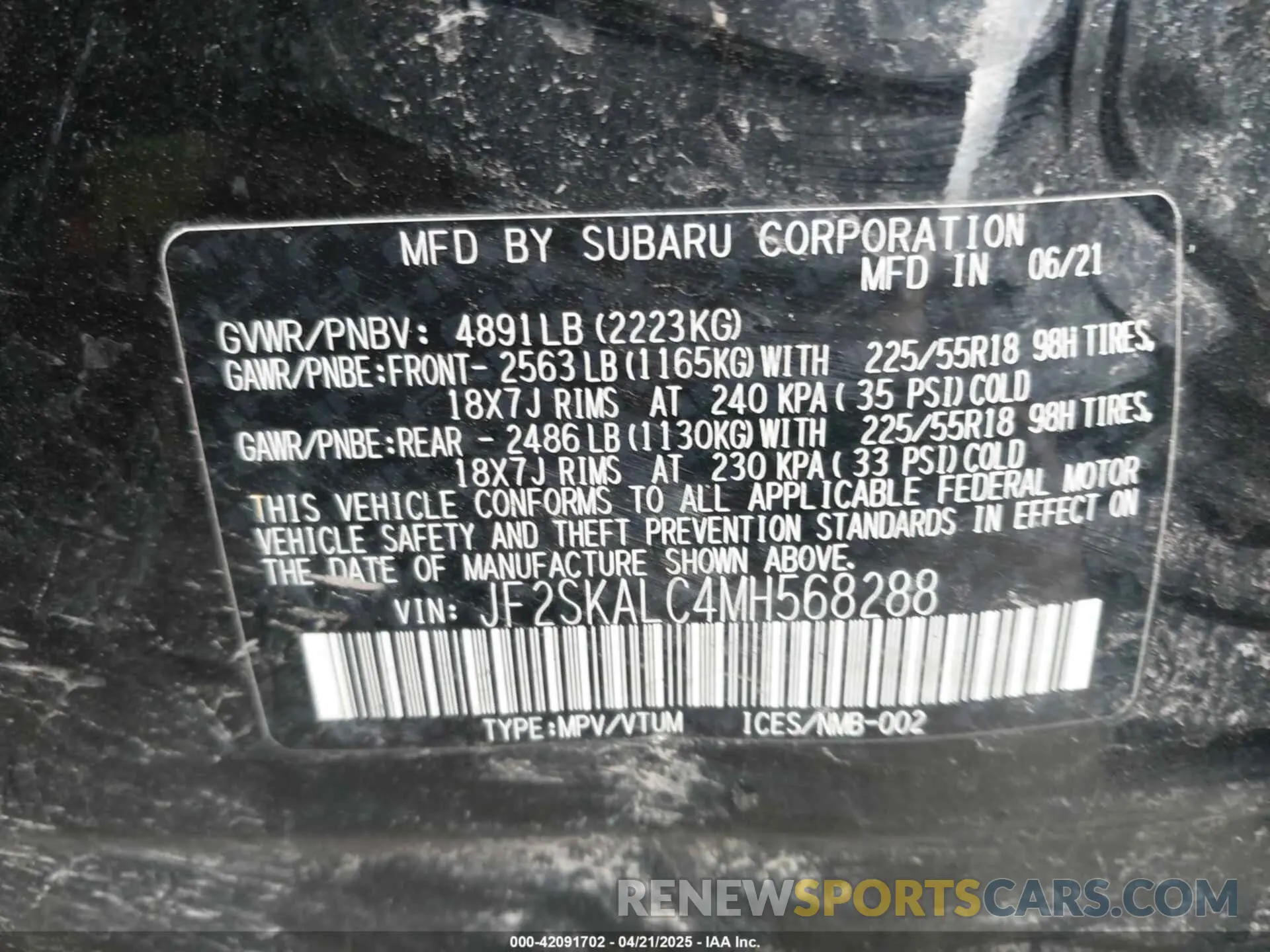 9 fotografías del automóvil dañado JF2SKALC4MH568288 SUBARU FORESTER 2021