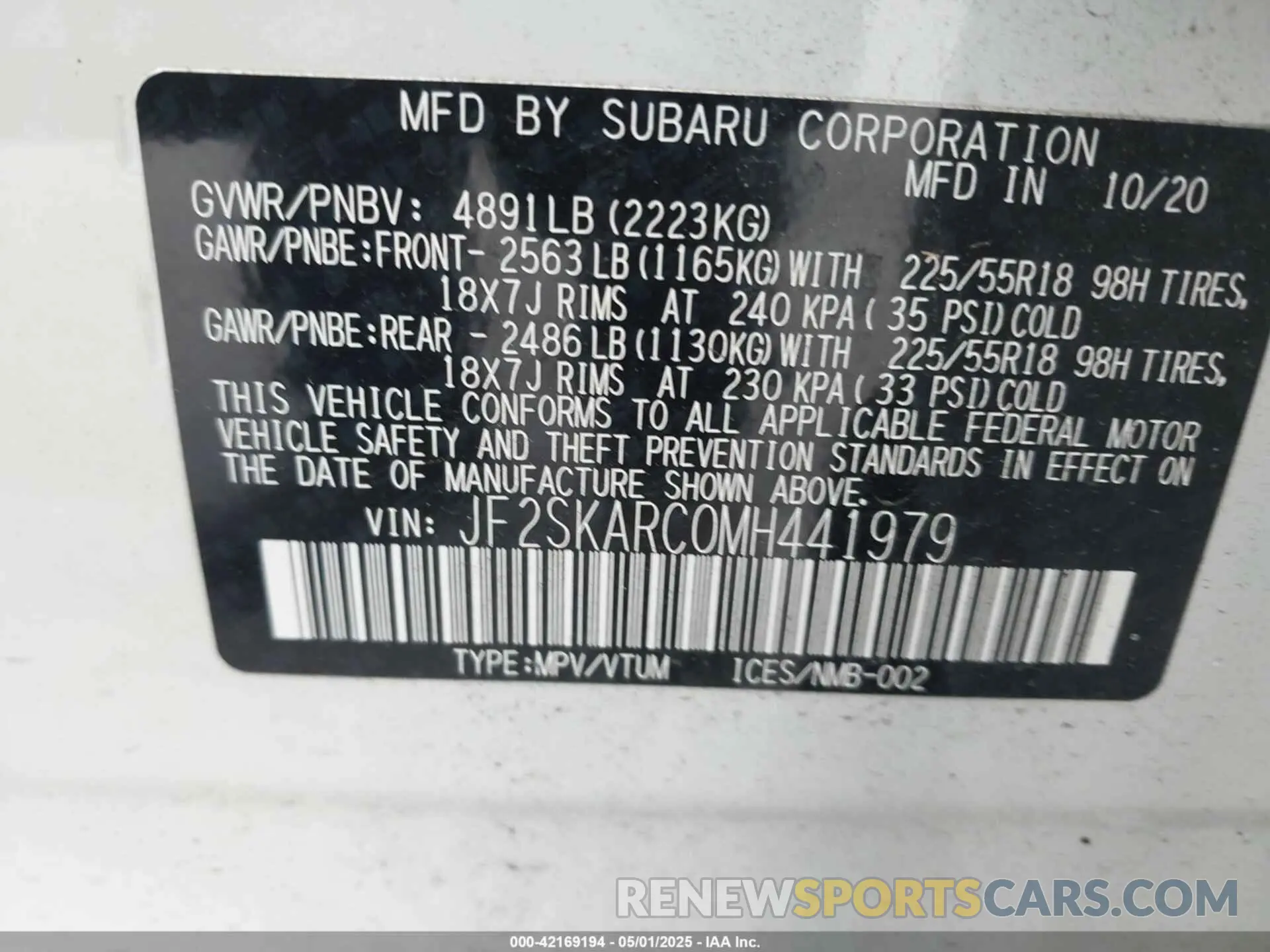 9 fotografías del automóvil dañado JF2SKARC0MH441979 SUBARU FORESTER 2021