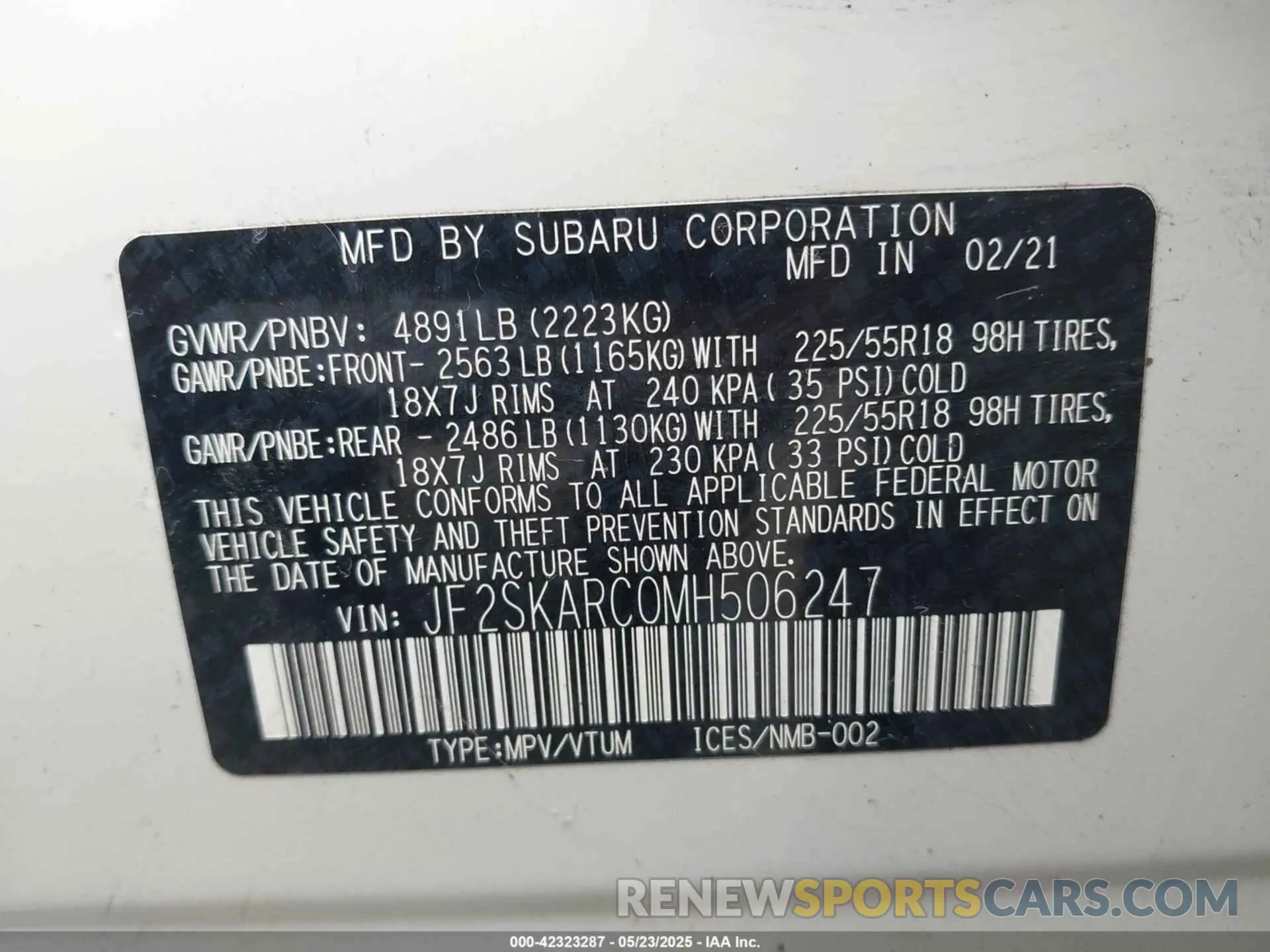 9 fotografías del automóvil dañado JF2SKARC0MH506247 SUBARU FORESTER 2021