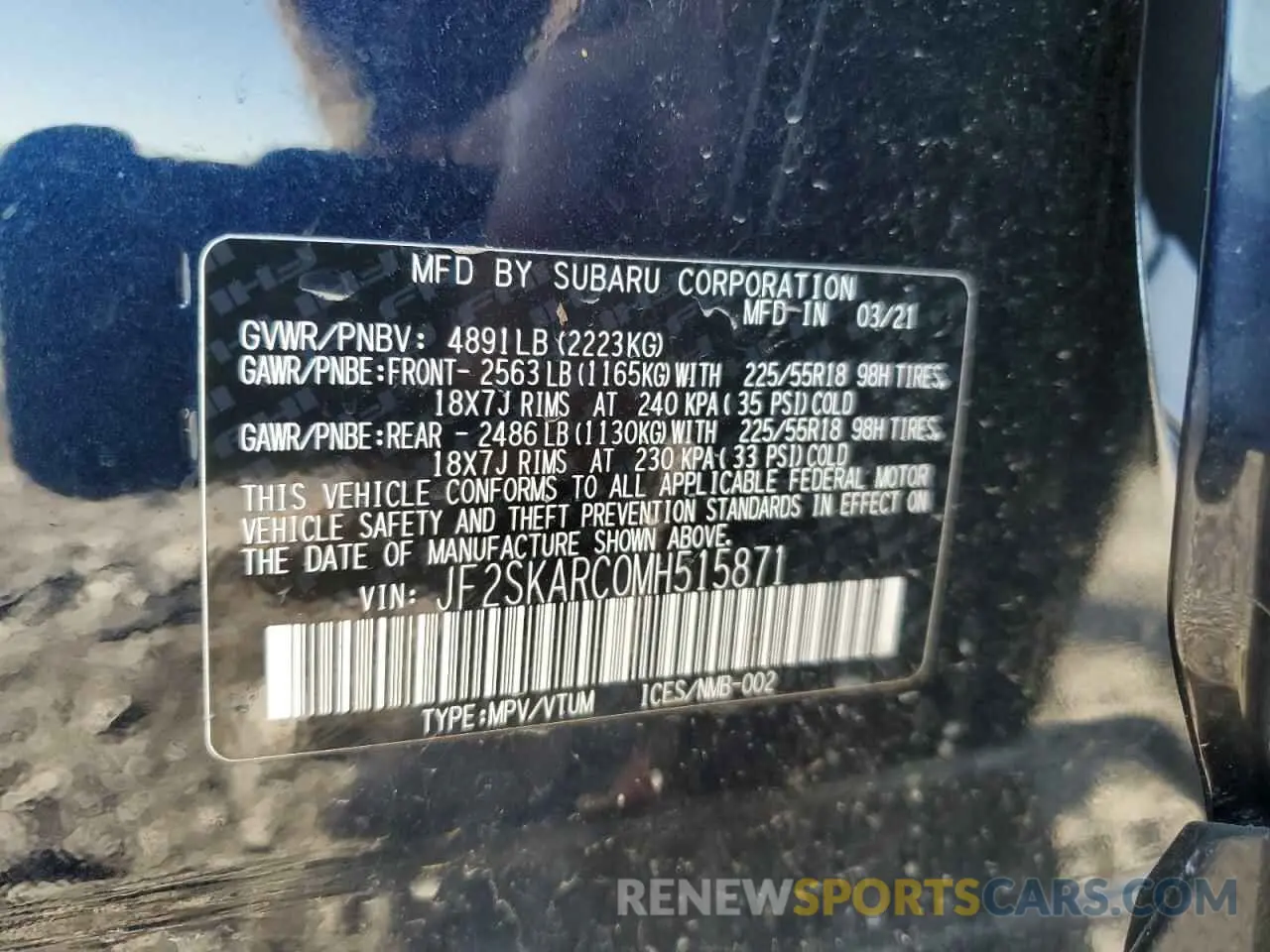 12 fotografías del automóvil dañado JF2SKARC0MH515871 SUBARU FORESTER 2021
