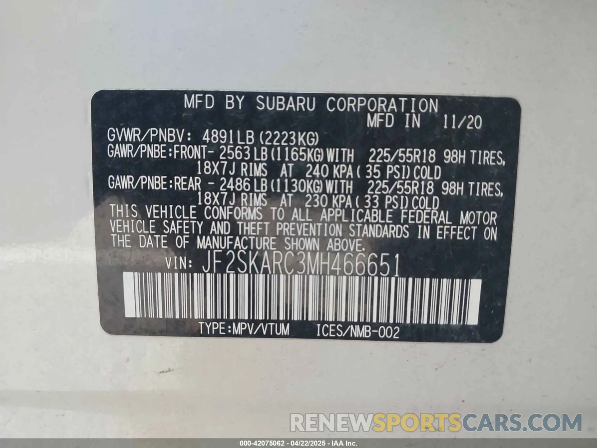 9 fotografías del automóvil dañado JF2SKARC3MH466651 SUBARU FORESTER 2021