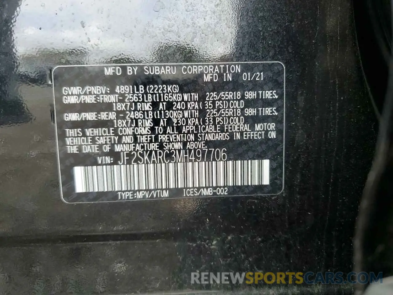 15 fotografías del automóvil dañado JF2SKARC3MH497706 SUBARU FORESTER 2021
