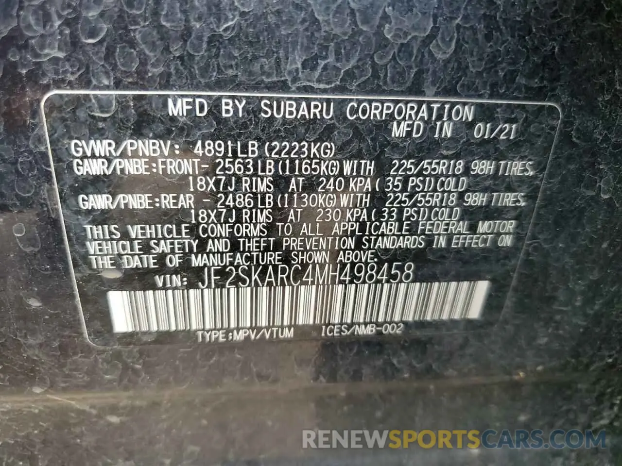 15 fotografías del automóvil dañado JF2SKARC4MH498458 SUBARU FORESTER 2021