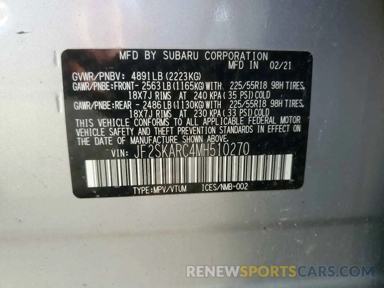 13 fotografías del automóvil dañado JF2SKARC4MH510270 SUBARU FORESTER 2021