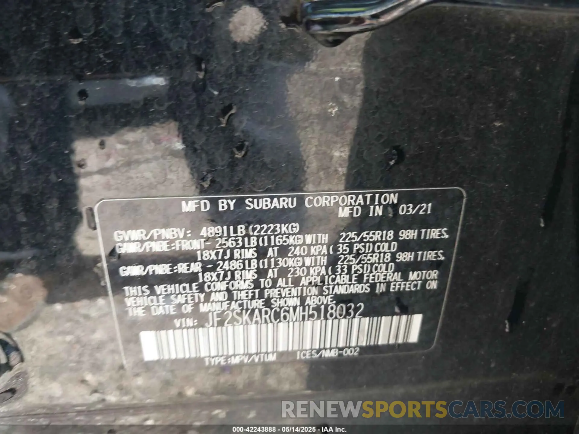 9 fotografías del automóvil dañado JF2SKARC6MH518032 SUBARU FORESTER 2021