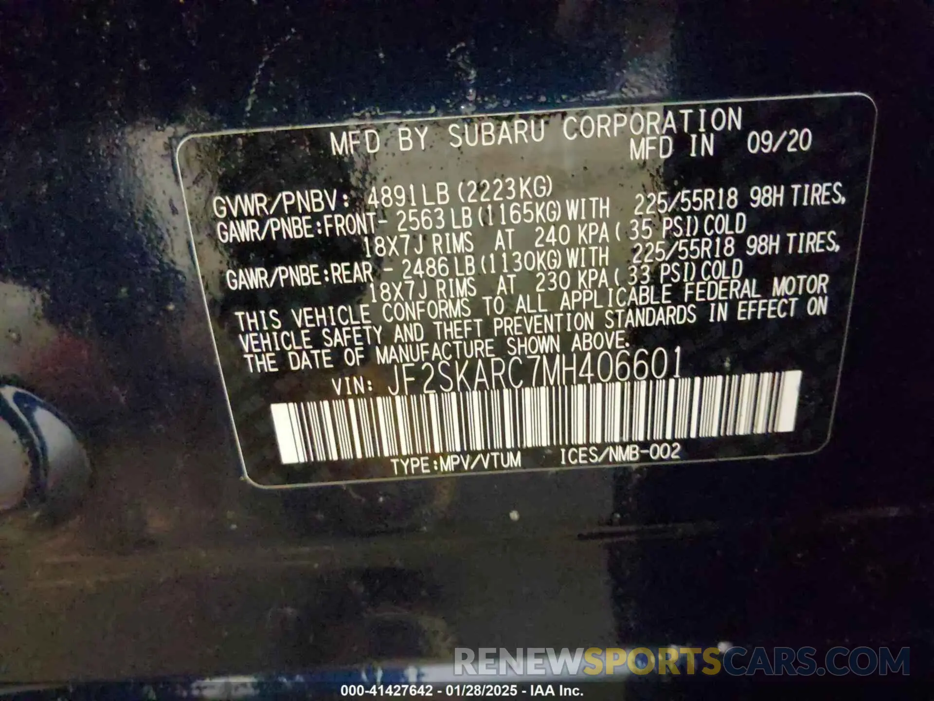 9 fotografías del automóvil dañado JF2SKARC7MH406601 SUBARU FORESTER 2021