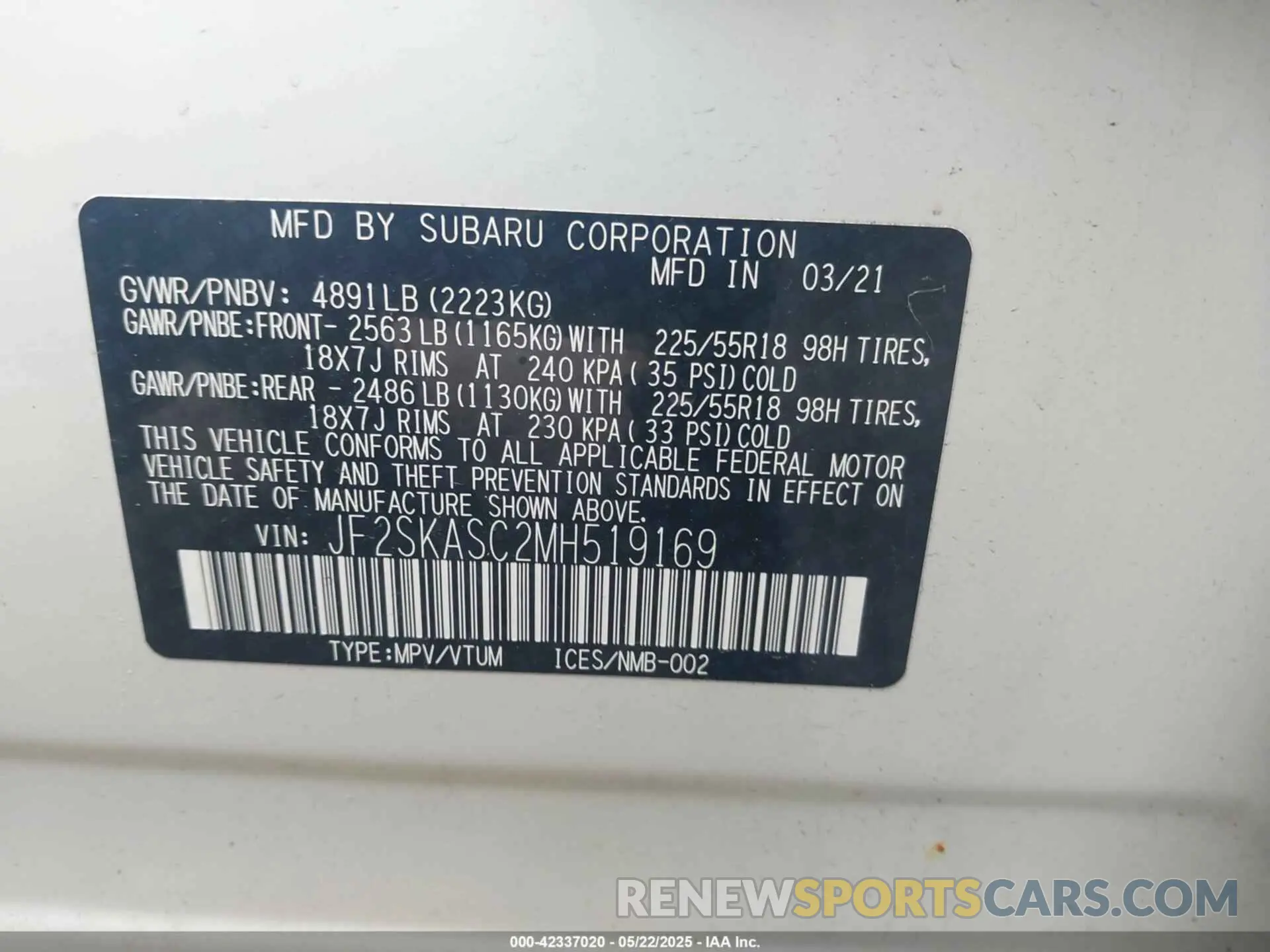 9 fotografías del automóvil dañado JF2SKASC2MH519169 SUBARU FORESTER 2021