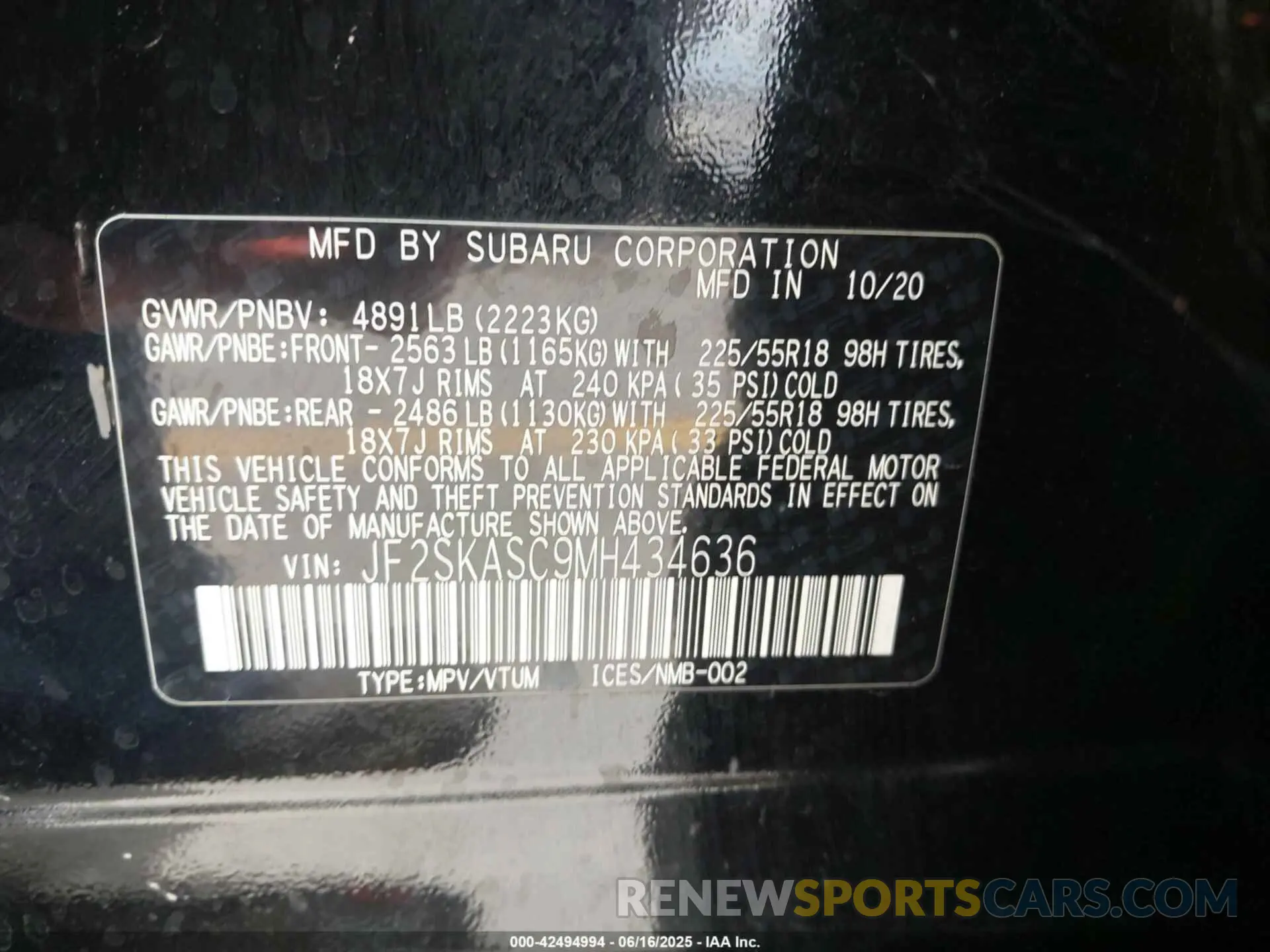 9 fotografías del automóvil dañado JF2SKASC9MH434636 SUBARU FORESTER 2021