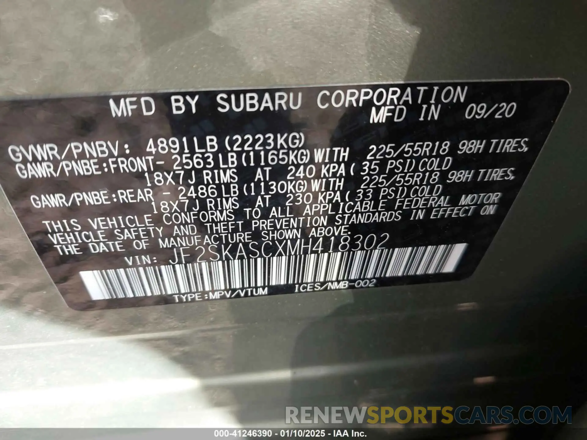 9 fotografías del automóvil dañado JF2SKASCXMH418302 SUBARU FORESTER 2021
