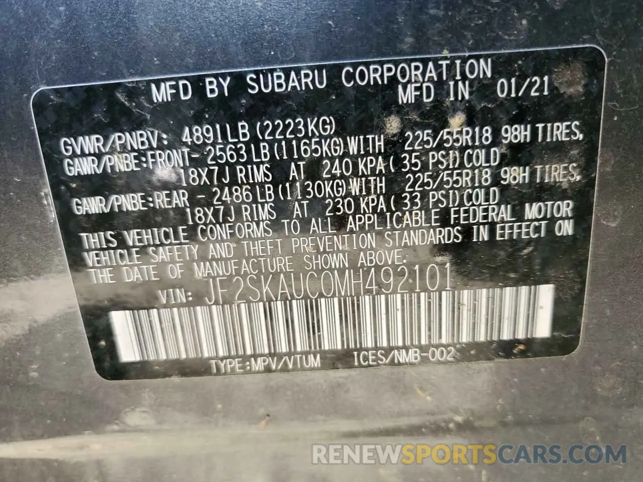 13 fotografías del automóvil dañado JF2SKAUC0MH492101 SUBARU FORESTER 2021