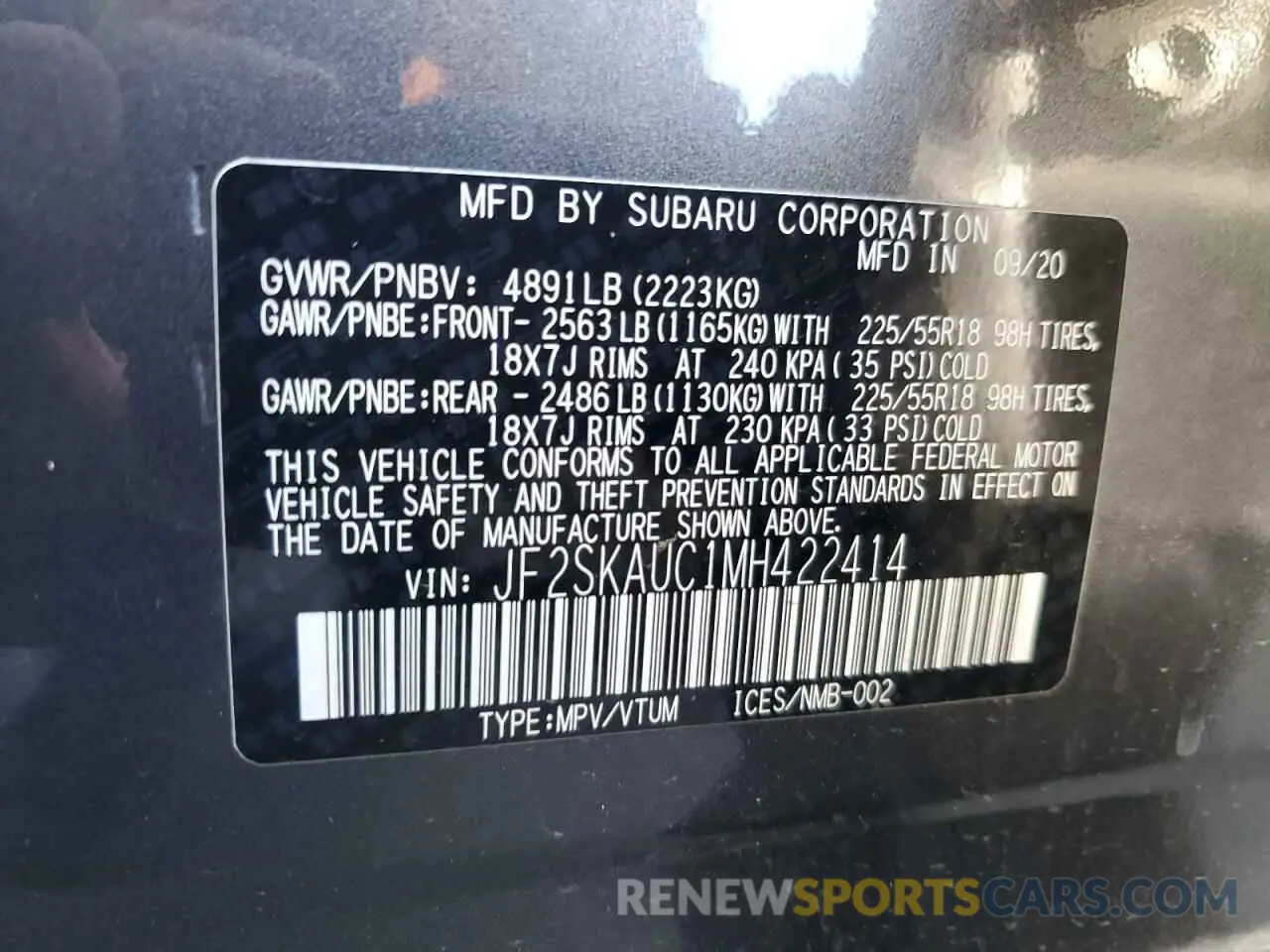 15 fotografías del automóvil dañado JF2SKAUC1MH422414 SUBARU FORESTER 2021