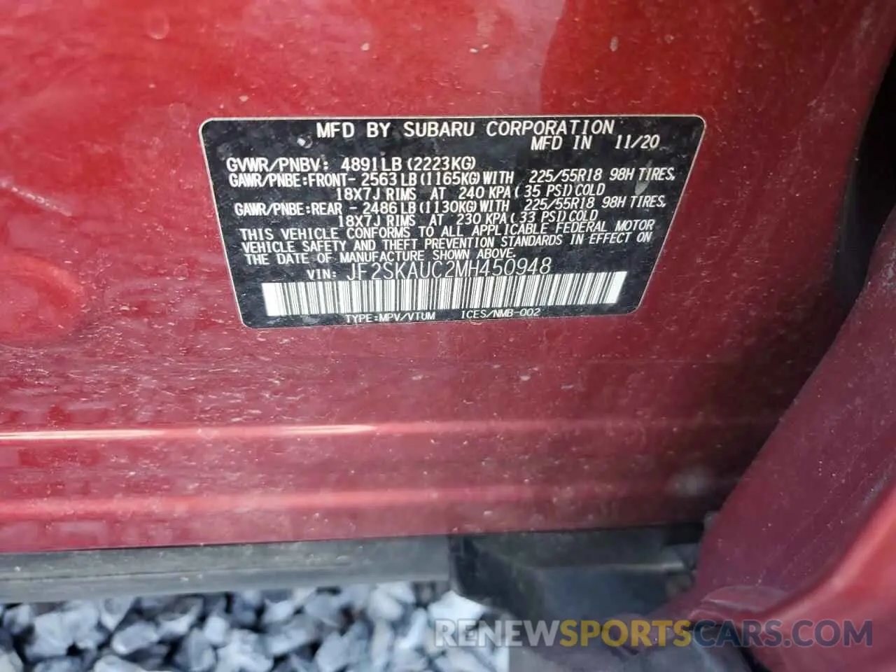 13 fotografías del automóvil dañado JF2SKAUC2MH450948 SUBARU FORESTER 2021