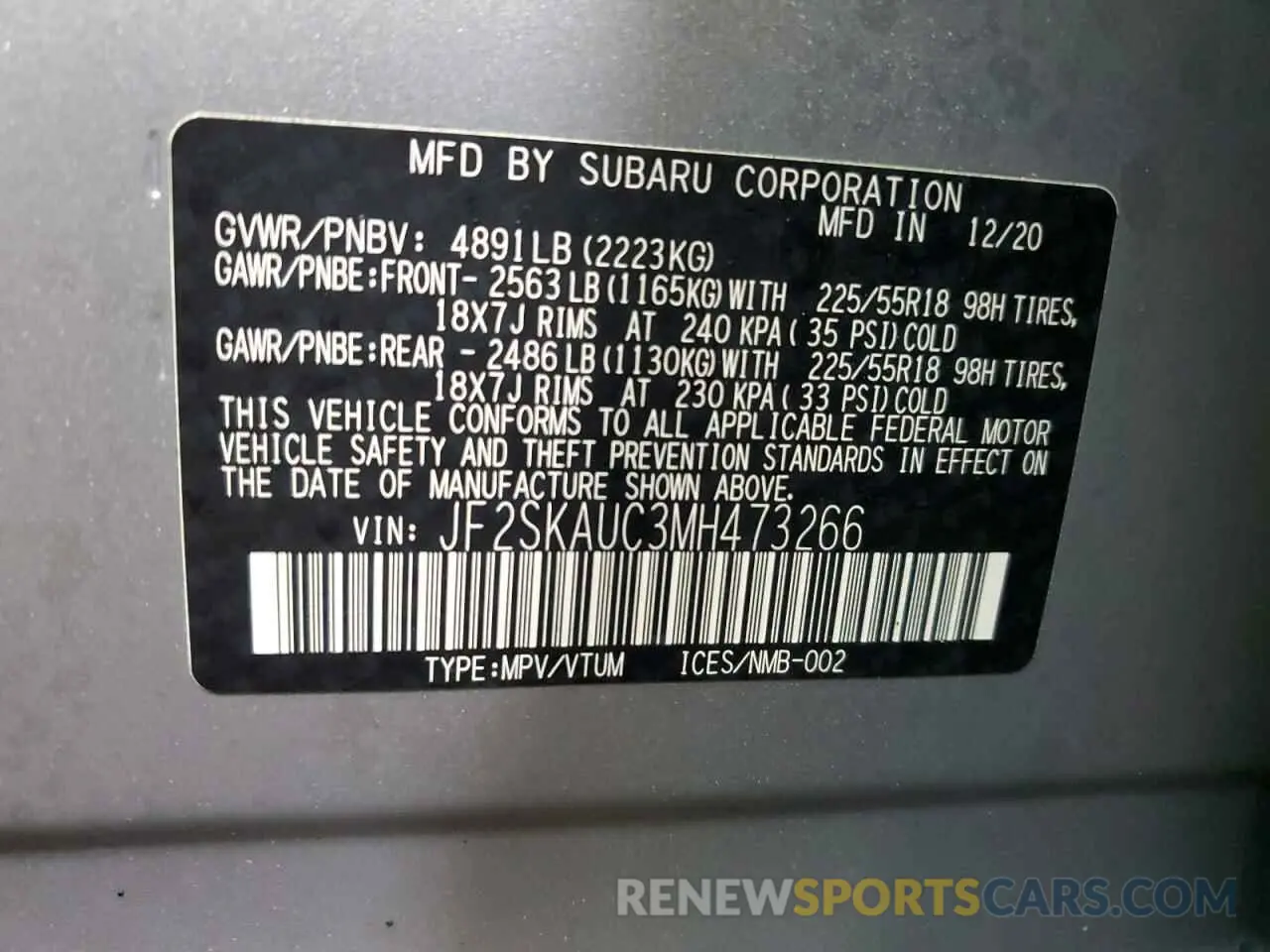 14 fotografías del automóvil dañado JF2SKAUC3MH473266 SUBARU FORESTER 2021