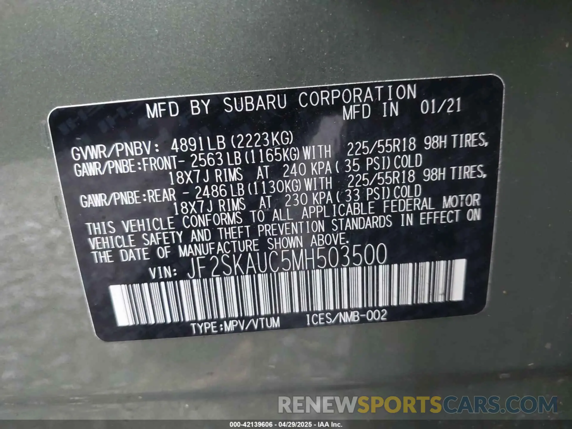 9 fotografías del automóvil dañado JF2SKAUC5MH503500 SUBARU FORESTER 2021