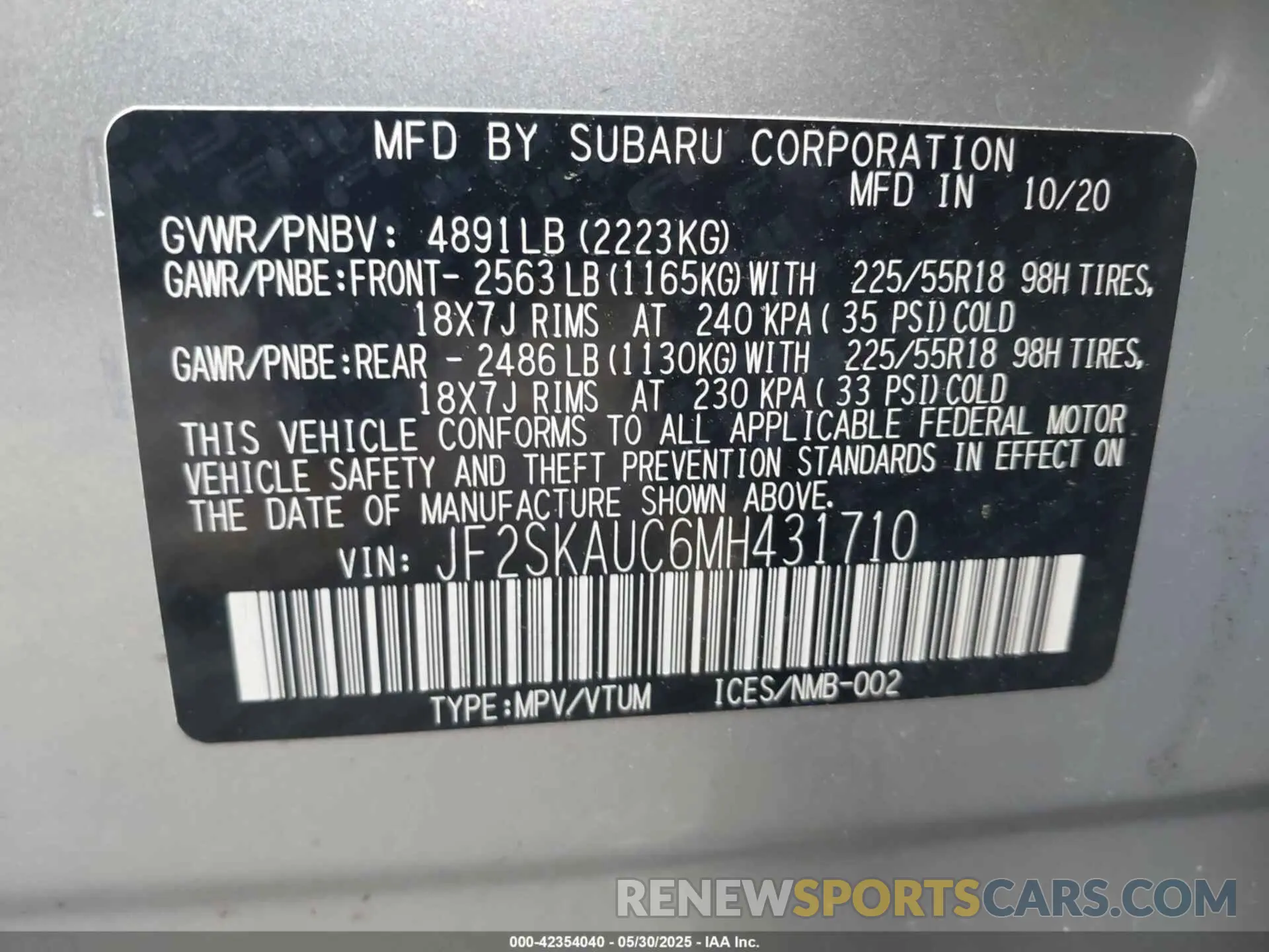 9 fotografías del automóvil dañado JF2SKAUC6MH431710 SUBARU FORESTER 2021